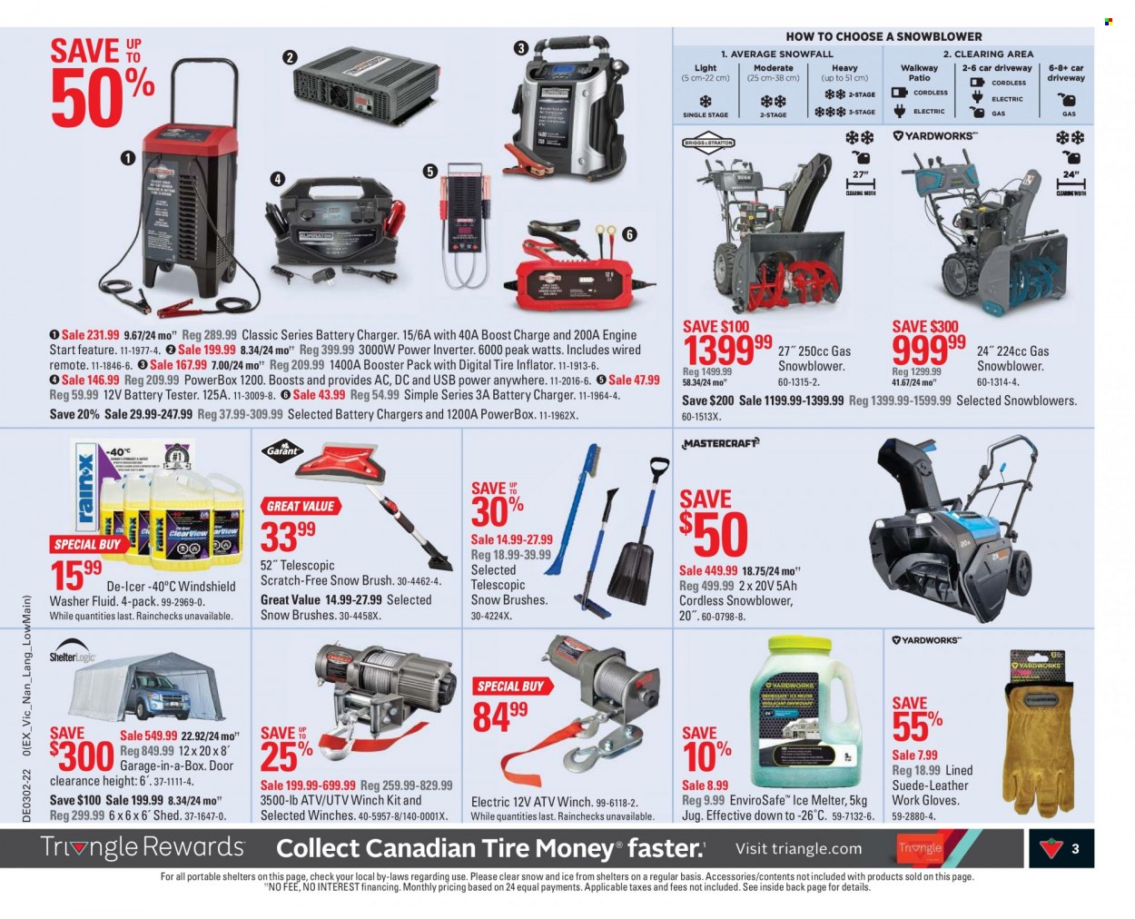 thumbnail - Canadian Tire Flyer - January 07, 2022 - January 13, 2022 - Sales products - battery charger, washing machine, inflator, snow blower, work gloves, power inverter, shed, tire inflator, ice melter, washer fluid. Page 3.