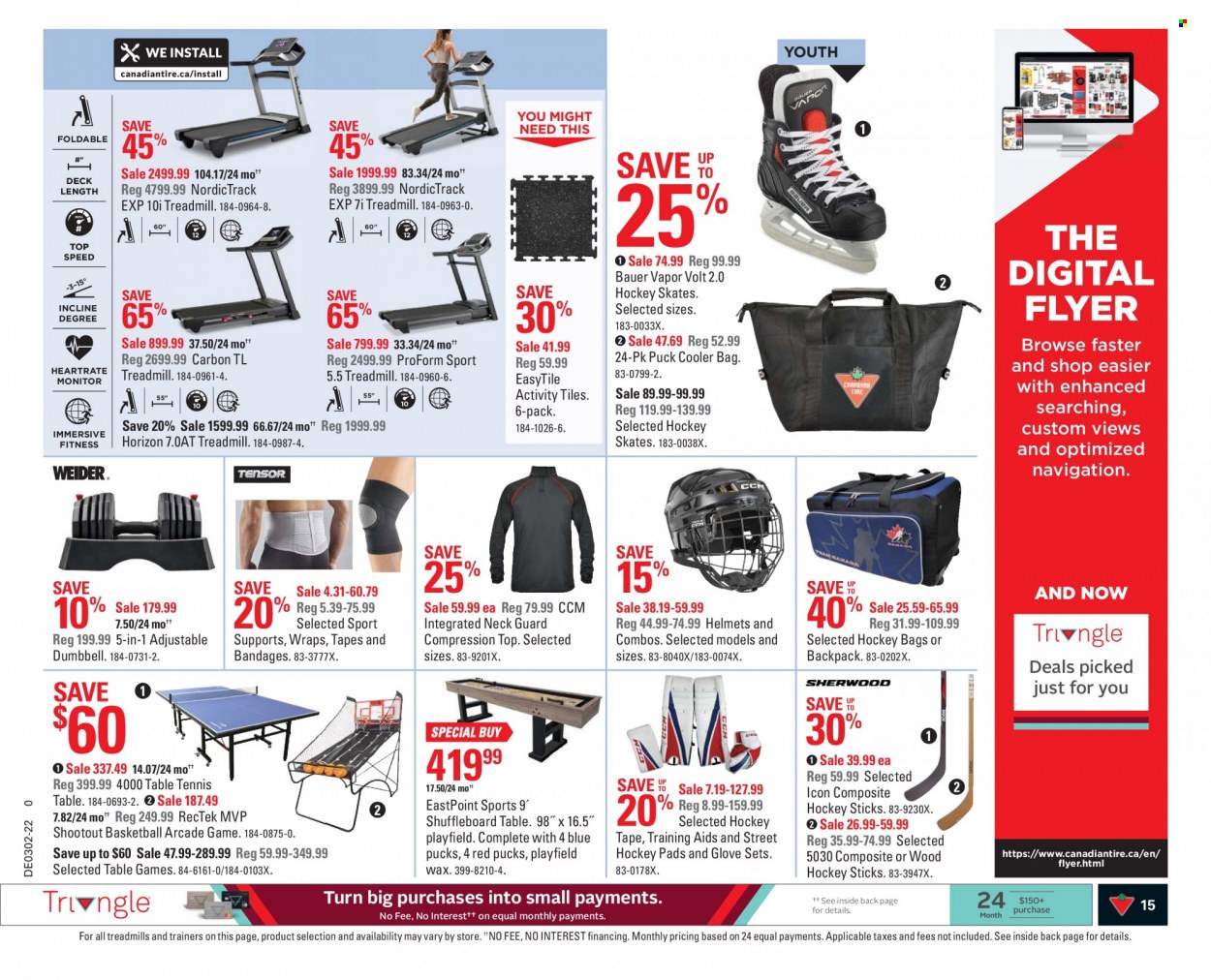 thumbnail - Canadian Tire Flyer - January 07, 2022 - January 13, 2022 - Sales products - bag, gloves, cooler bag, table, trainers, basketball, treadmill, ProForm, dumbbell, table tennis table, hockey skates, skates, backpack. Page 15.