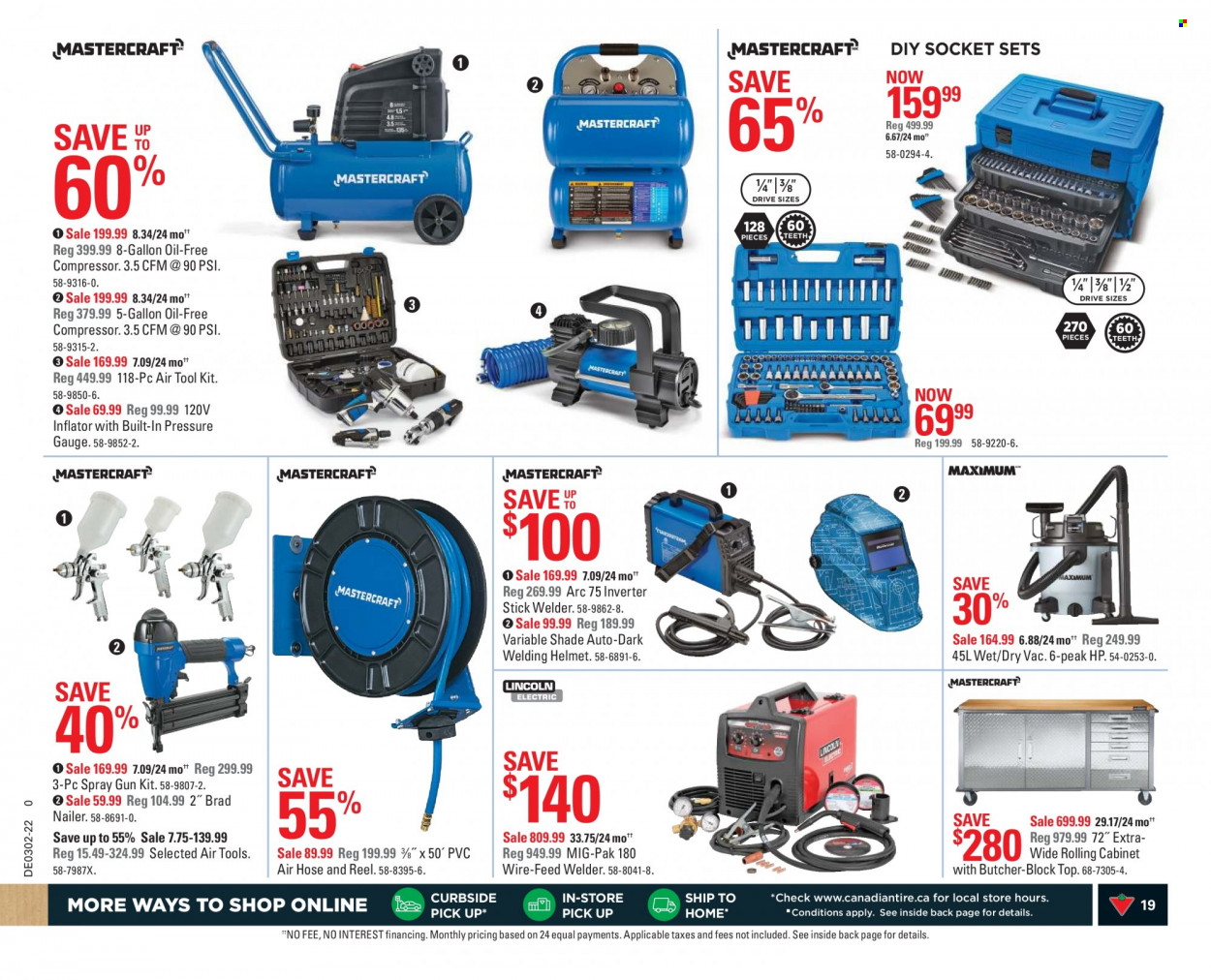 thumbnail - Canadian Tire Flyer - January 07, 2022 - January 13, 2022 - Sales products - spray gun, vacuum cleaner, cabinet, inflator, reel, tool set, air compressor, welding helmet, air hose, welder. Page 19.