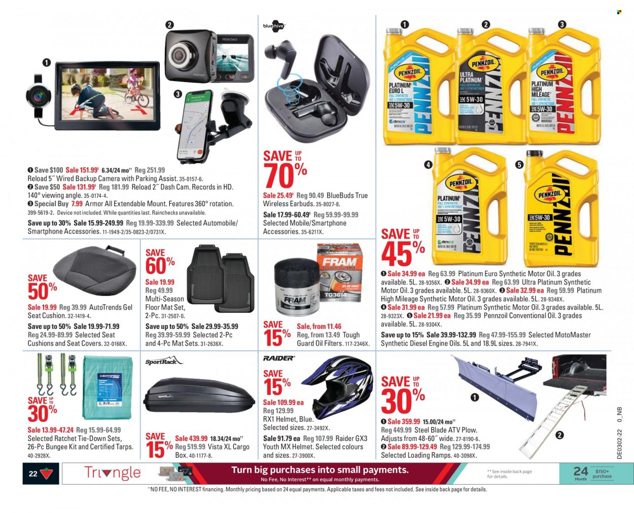 thumbnail - Canadian Tire Flyer - January 07, 2022 - January 13, 2022 - Sales products - cushion, floor mat, helmet, tarps, Armor All, dashboard camera, car seat cover, car ramps, oil filter, motor oil, conventional oil, Pennzoil, camera. Page 22.