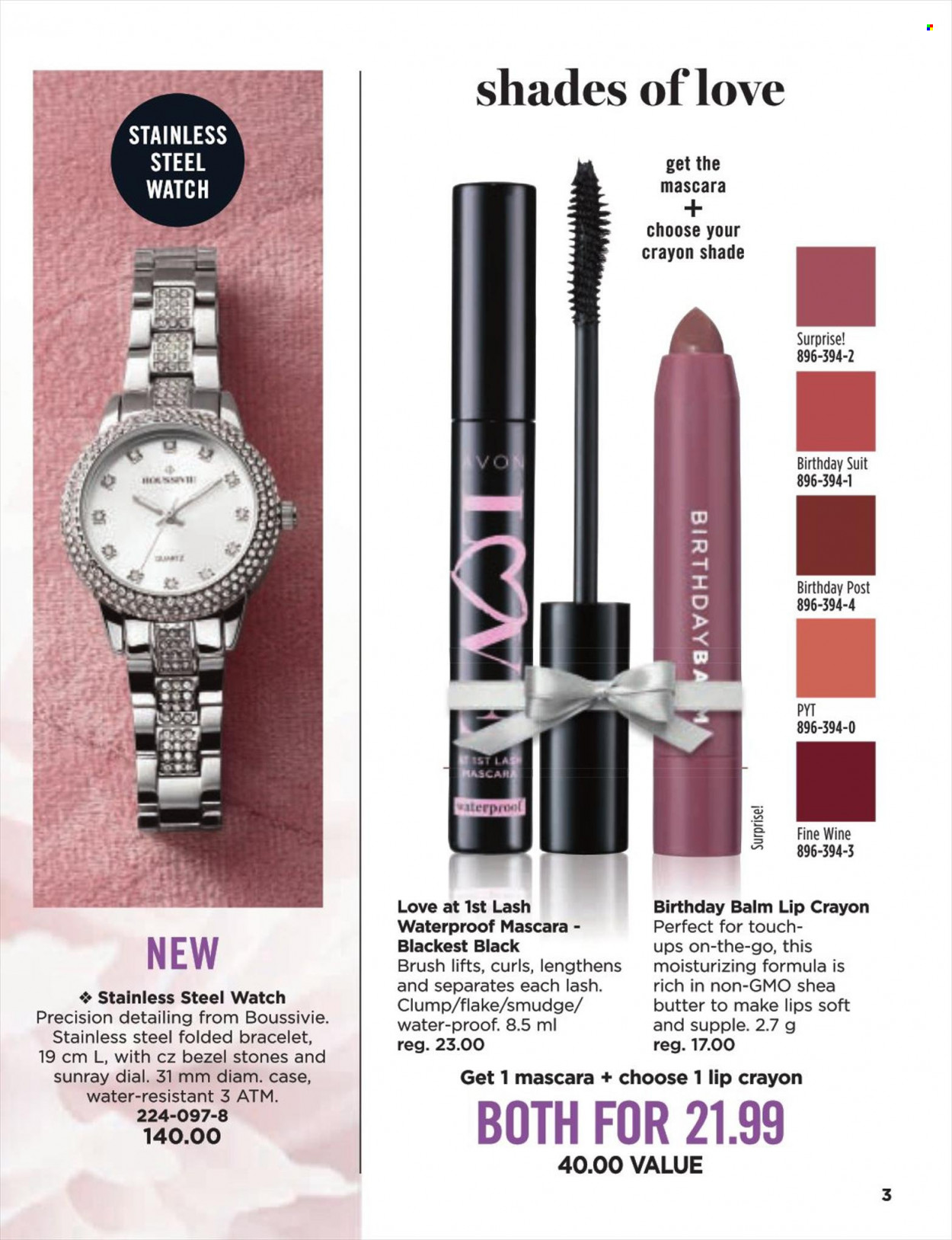 thumbnail - Avon Flyer - Sales products - Dial, lip crayon, mascara, shades, waterproof mascara, bracelet, watch. Page 3.