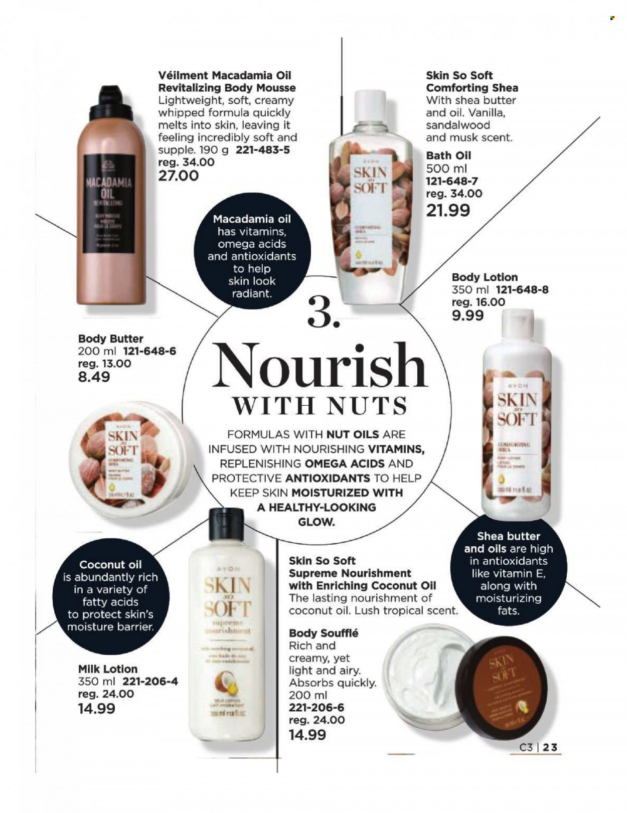 thumbnail - Avon Flyer - Sales products - bath oil, Avon, coconut oil, Skin So Soft, body butter, body lotion. Page 23.