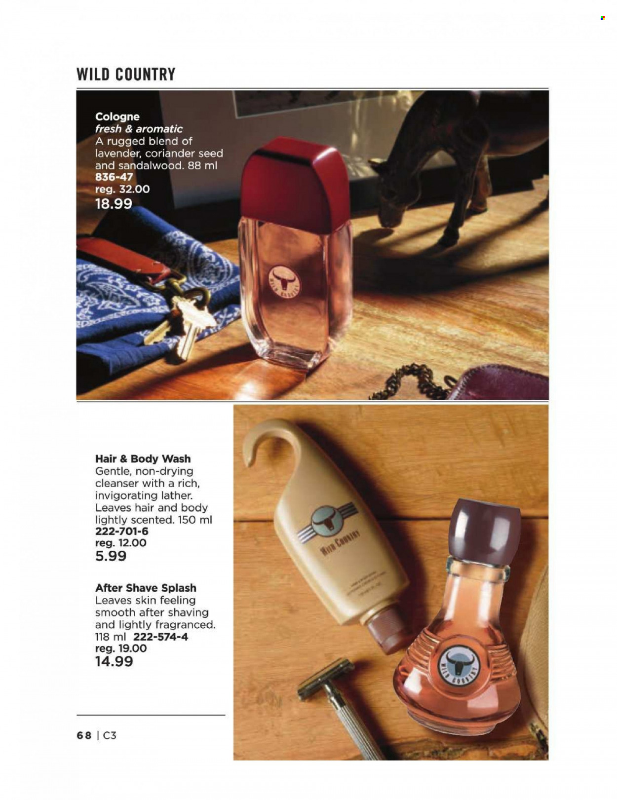 thumbnail - Avon Flyer - Sales products - body wash, hair & body wash, cleanser, after shave, cologne. Page 68.