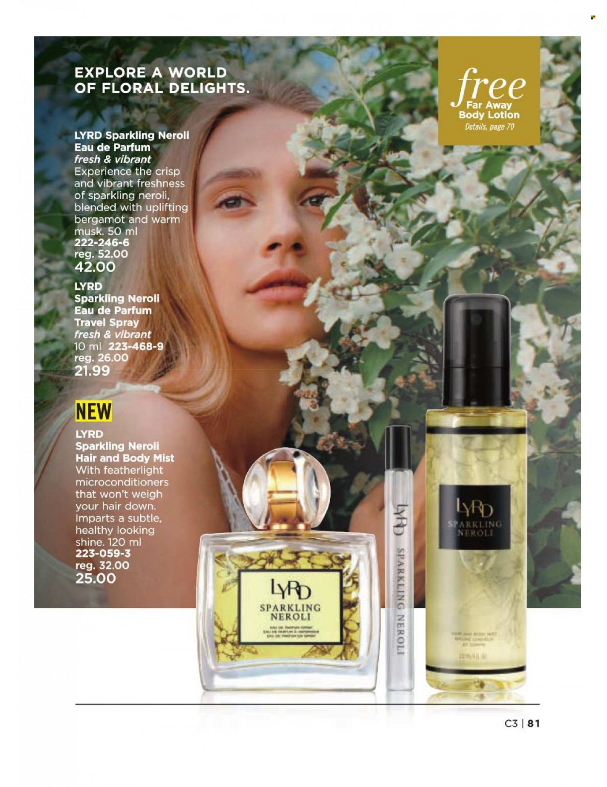 thumbnail - Avon Flyer - Sales products - body lotion, body mist, eau de parfum, far away, travel spray. Page 81.