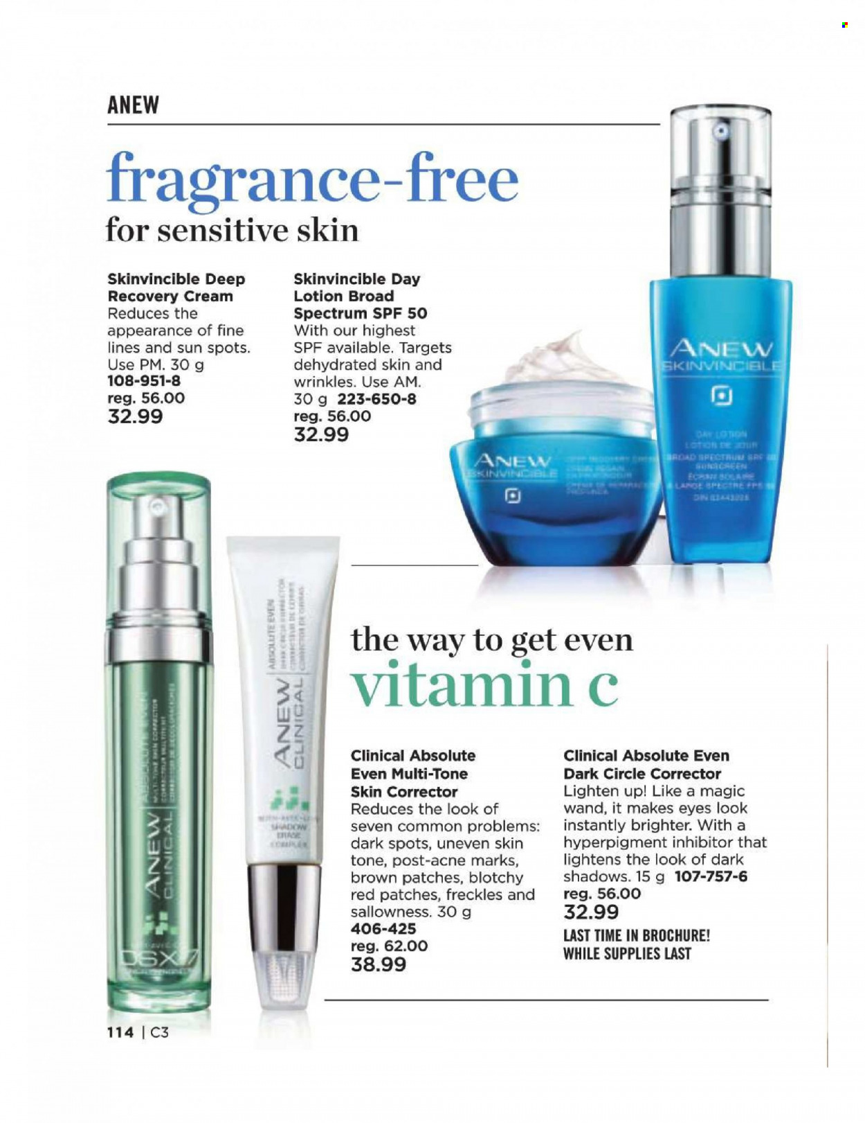 thumbnail - Avon Flyer - Sales products - Anew, body lotion, day lotion, Absolute, fragrance, corrector, vitamin c. Page 114.