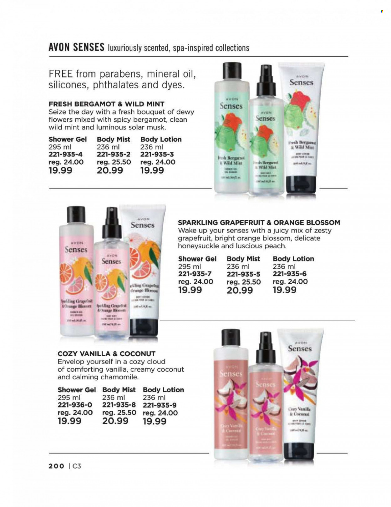 thumbnail - Avon Flyer - Sales products - shower gel, Avon, body lotion, body mist. Page 200.