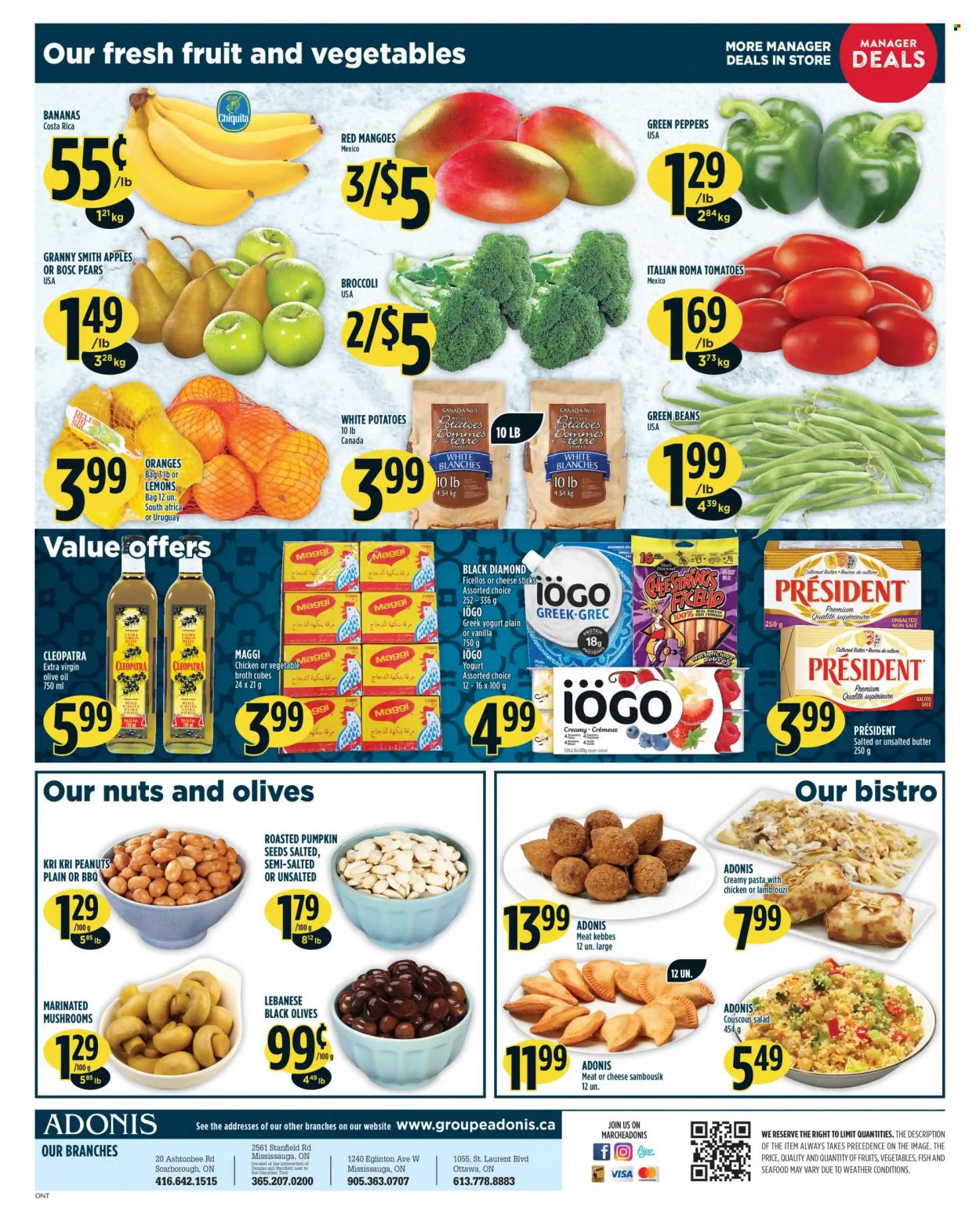 thumbnail - Adonis Flyer - January 06, 2022 - January 12, 2022 - Sales products - mushrooms, beans, broccoli, green beans, tomatoes, potatoes, salad, peppers, apples, bananas, mango, pears, lemons, Granny Smith, seafood, Président, greek yoghurt, yoghurt, cheese sticks, Maggi, broth, extra virgin olive oil, olive oil, oil, peanuts, pumpkin seeds, couscous, olives, oranges. Page 2.