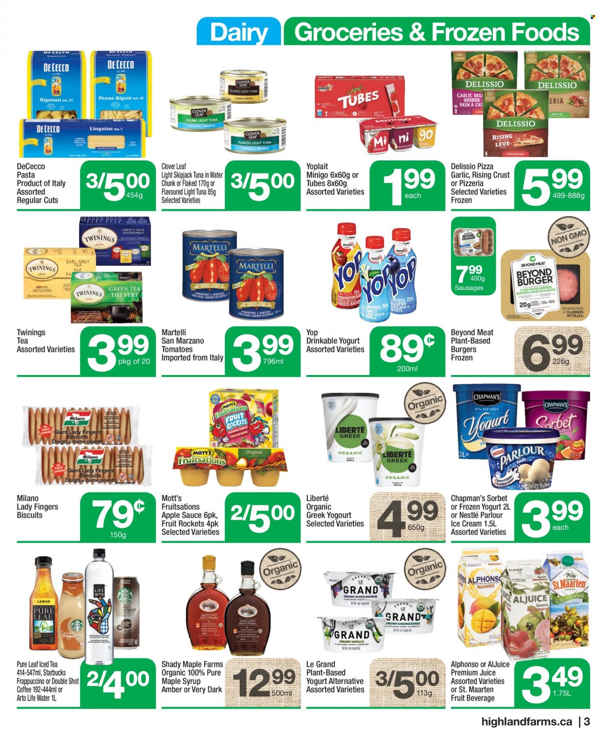 thumbnail - Highland Farms Flyer - January 06, 2022 - January 12, 2022 - Sales products - garlic, Mott's, tuna, pizza, hamburger, pasta, sauce, sausage, yoghurt, Clover, Yoplait, ice cream, lady fingers, biscuit, tuna in water, light tuna, apple sauce, maple syrup, syrup, juice, ice tea, Twinings, Pure Leaf, coffee, Starbucks, frappuccino, Nestlé. Page 3.