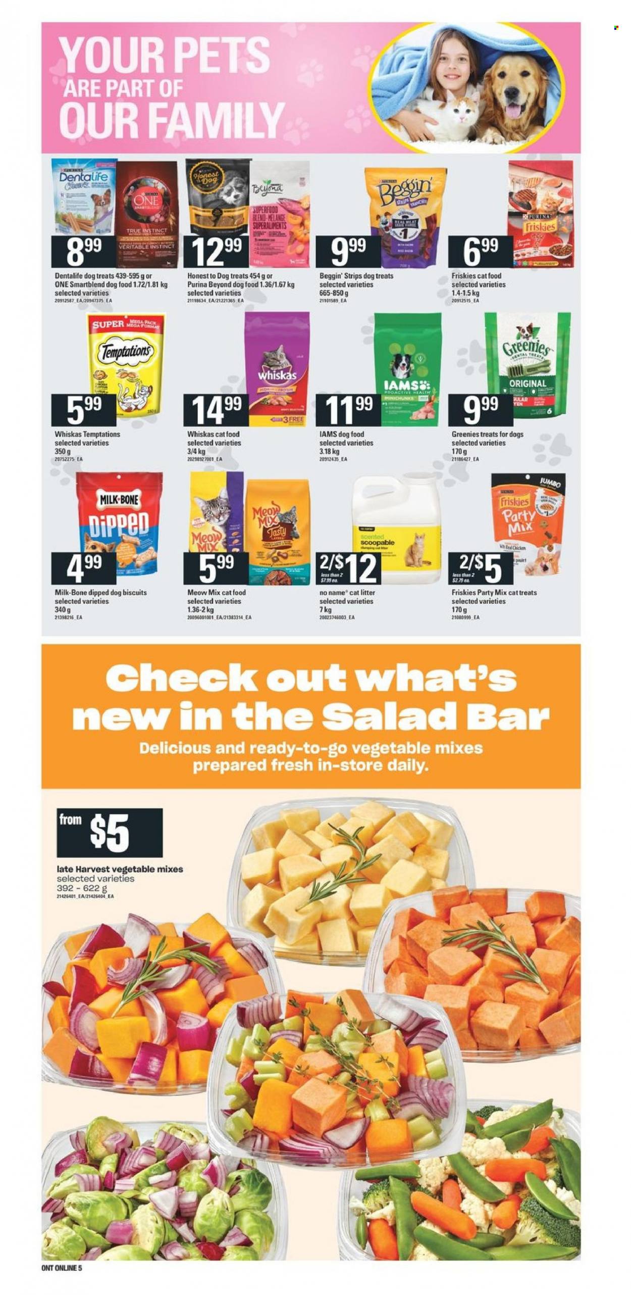 thumbnail - Independent Flyer - January 06, 2022 - January 12, 2022 - Sales products - salad, No Name, milk, strips, cat litter, Greenies, animal food, animal treats, cat food, dog food, Purina, dog biscuits, Dentalife, Meow Mix, Beggin', Friskies, Iams, Whiskas. Page 9.
