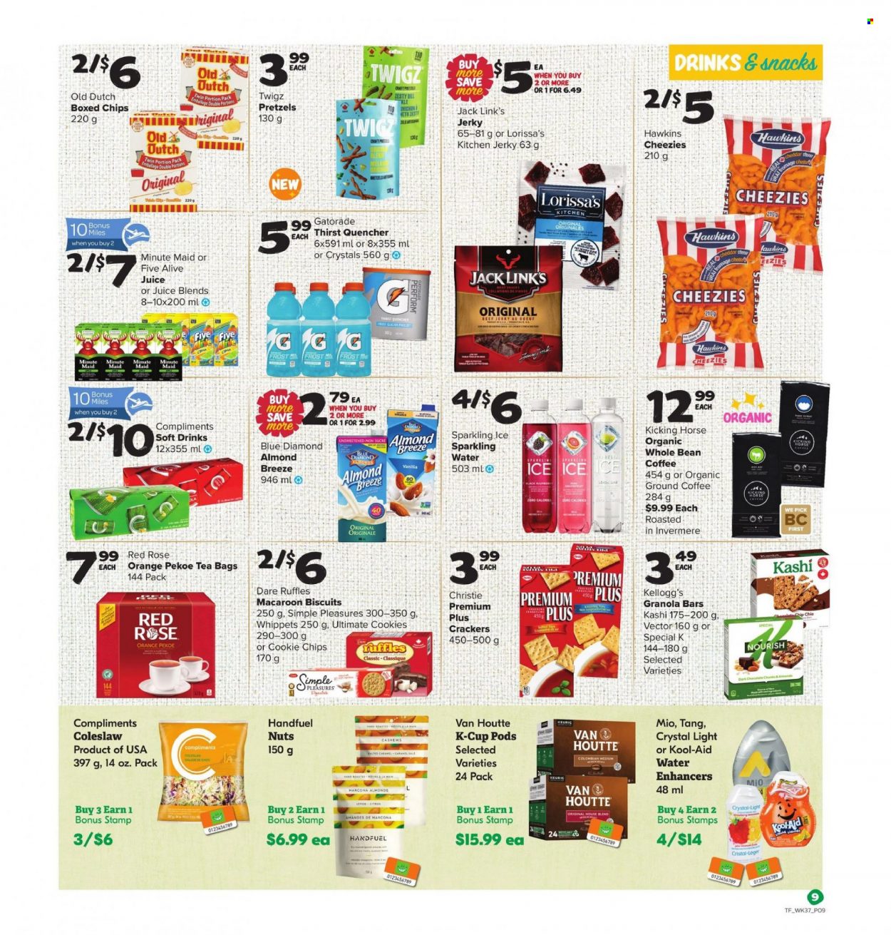 thumbnail - Thrifty Foods Flyer - January 06, 2022 - January 12, 2022 - Sales products - pretzels, coleslaw, beef jerky, jerky, Almond Breeze, cookies, crackers, Kellogg's, biscuit, Ruffles, Jack Link's, granola bar, dill, cashews, Blue Diamond, juice, soft drink, Gatorade, fruit punch, tea bags, coffee, ground coffee, coffee capsules, K-Cups, Keurig, wine, rosé wine, chips, oranges. Page 13.