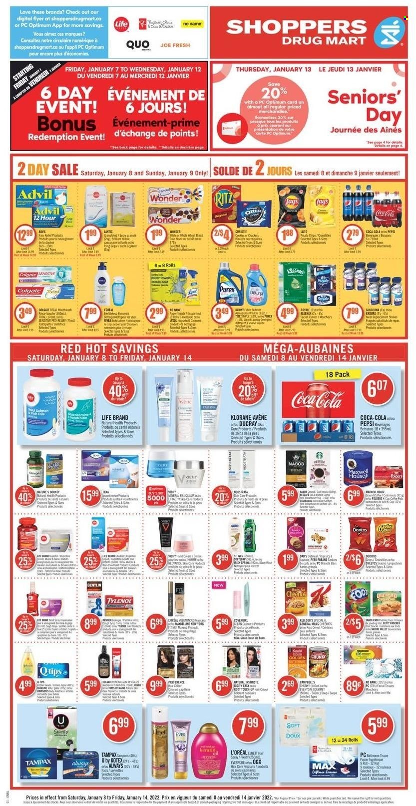 thumbnail - Shoppers Drug Mart Flyer - January 08, 2022 - January 14, 2022 - Sales products - cookies, Bounty, crackers, RITZ, Cheetos, Lay’s, salmon, Dole, oil, Coca-Cola, Pepsi, Maxwell House, Folgers, Kleenex, kitchen towels, paper towels, Lysol, Purex, Vichy, Kotex, tampons, L’Oréal, OGX, keratin, Klorane, makeup, mascara, Tylenol, Advil Rapid, Oreo, Colgate, Maybelline, Tampax, chips. Page 1.