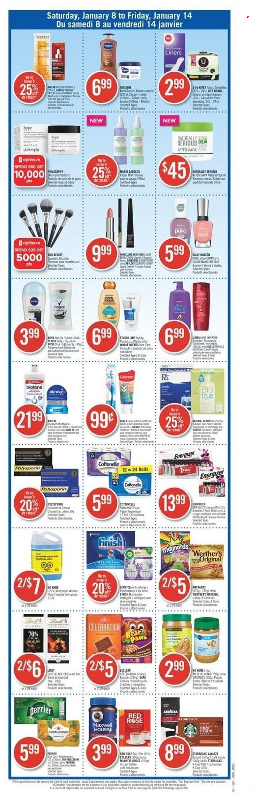 thumbnail - Shoppers Drug Mart Flyer - January 08, 2022 - January 14, 2022 - Sales products - Celebration, crackers, chocolate bar, tea, coffee, Folgers, ground coffee, Starbucks, Lavazza, Cottonelle, Abreva, manicure, Biotrue, Energizer, Colgate, Sally Hansen, Lindt. Page 3.