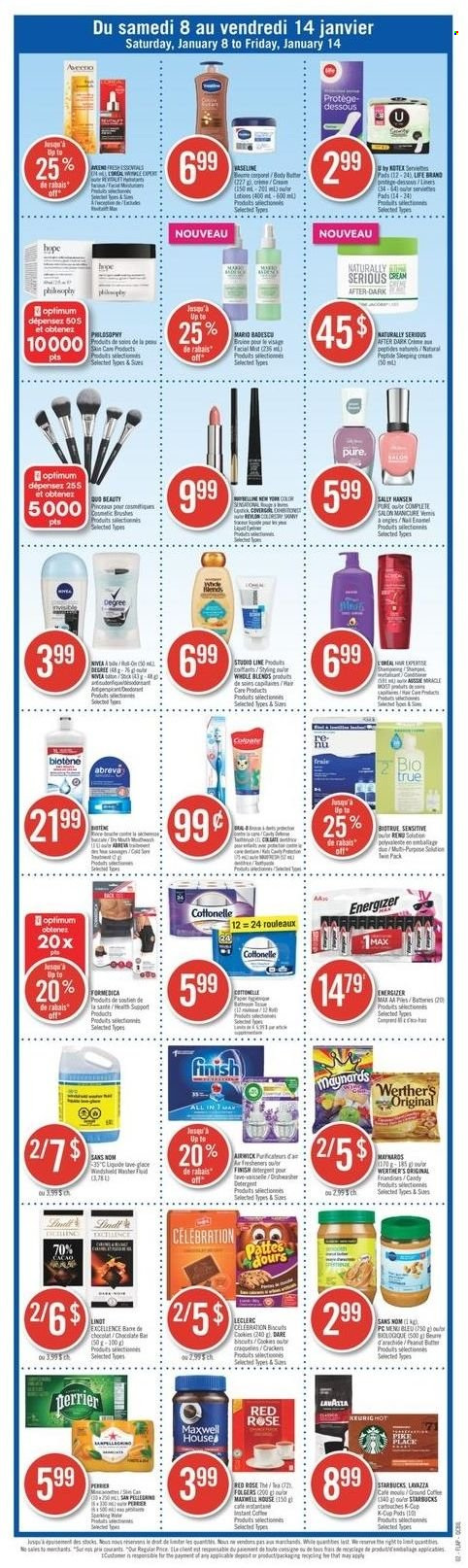 thumbnail - Pharmaprix Flyer - January 08, 2022 - January 14, 2022 - Sales products - cookies, Celebration, Perrier, coffee, Folgers, ground coffee, L'Or, Starbucks, wine, rosé wine, Aveeno, Cottonelle, Abreva, body butter, manicure, pen, Air Wick, rose, Biotrue, detergent, Energizer, Sally Hansen, Lindt. Page 3.