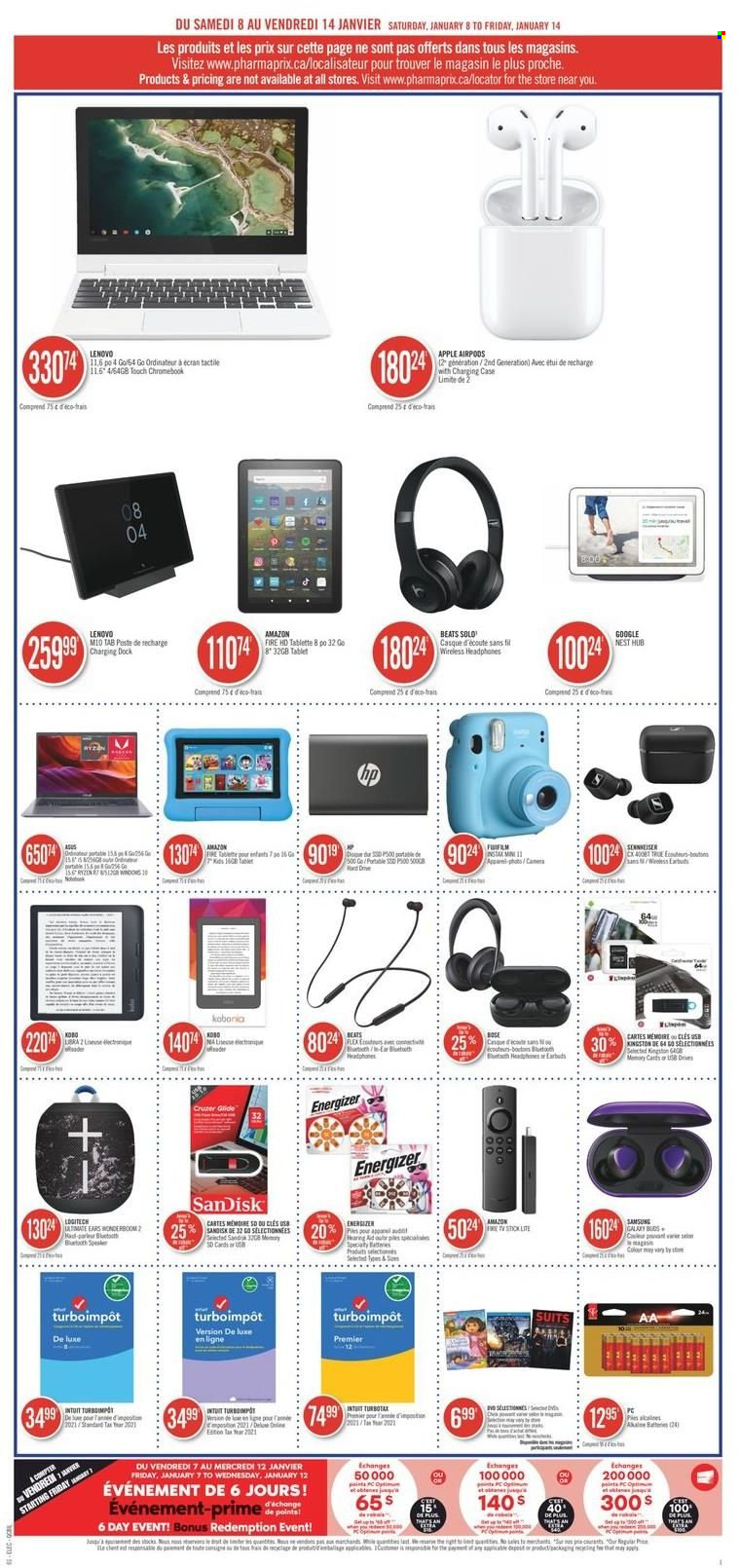 thumbnail - Pharmaprix Flyer - January 08, 2022 - January 14, 2022 - Sales products - Sandisk, Apple, tablet, Amazon Fire, Samsung, chromebook, Logitech, Beats, BOSE, wireless headphones, headphones, Airpods, earbuds, tote, Asus, Energizer, Lenovo. Page 9.