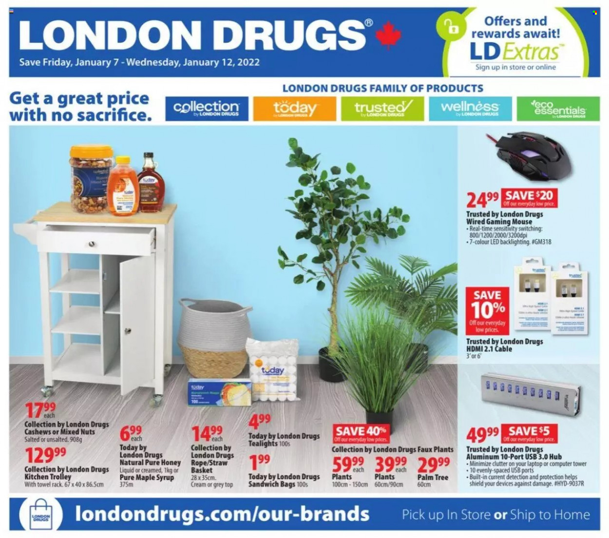 thumbnail - London Drugs Flyer - January 07, 2022 - January 12, 2022 - Sales products - gaming mouse, maple syrup, honey, syrup, cashews, mixed nuts, bag, basket, trolley, towel hanger, straw, computer, mouse. Page 1.
