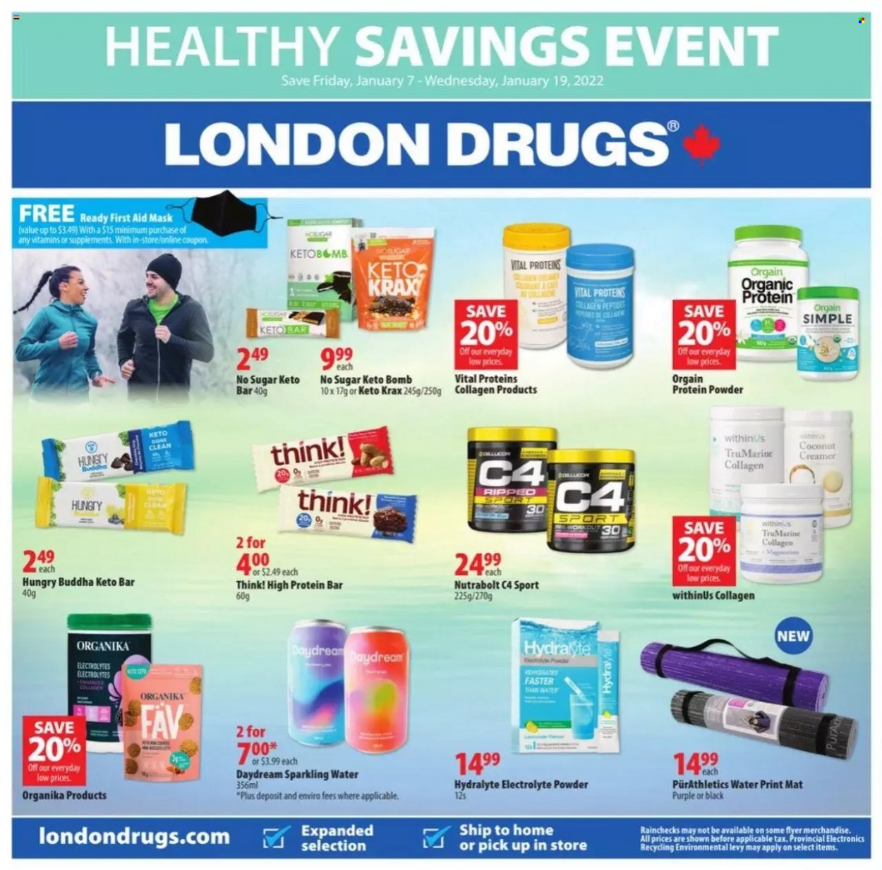 thumbnail - London Drugs Flyer - January 07, 2022 - January 19, 2022 - Sales products - protein bar, sparkling water, whey protein, Vital Proteins. Page 1.