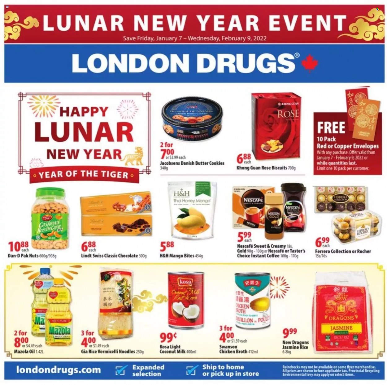 thumbnail - London Drugs Flyer - January 07, 2022 - January 09, 2022 - Sales products - cookies, chocolate, butter cookies, biscuit, chicken broth, broth, coconut milk, mango, Dan-D Pak, rice, jasmine rice, rice vermicelli, noodles, oil, honey, cashews, instant coffee, wine, rosé wine, envelope, rose, Lindt, Ferrero Rocher, Nescafé. Page 1.