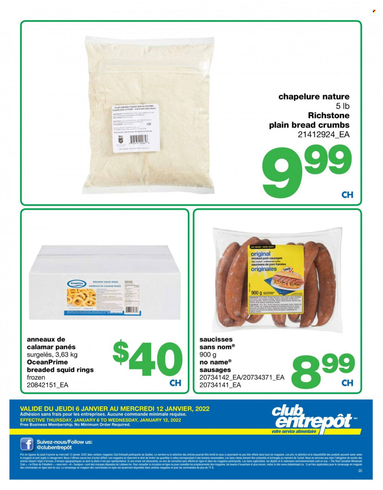 thumbnail - Wholesale Club Flyer - January 06, 2022 - January 12, 2022 - Sales products - breadcrumbs, squid, squid rings, No Name, sausage, Président, starch. Page 2.