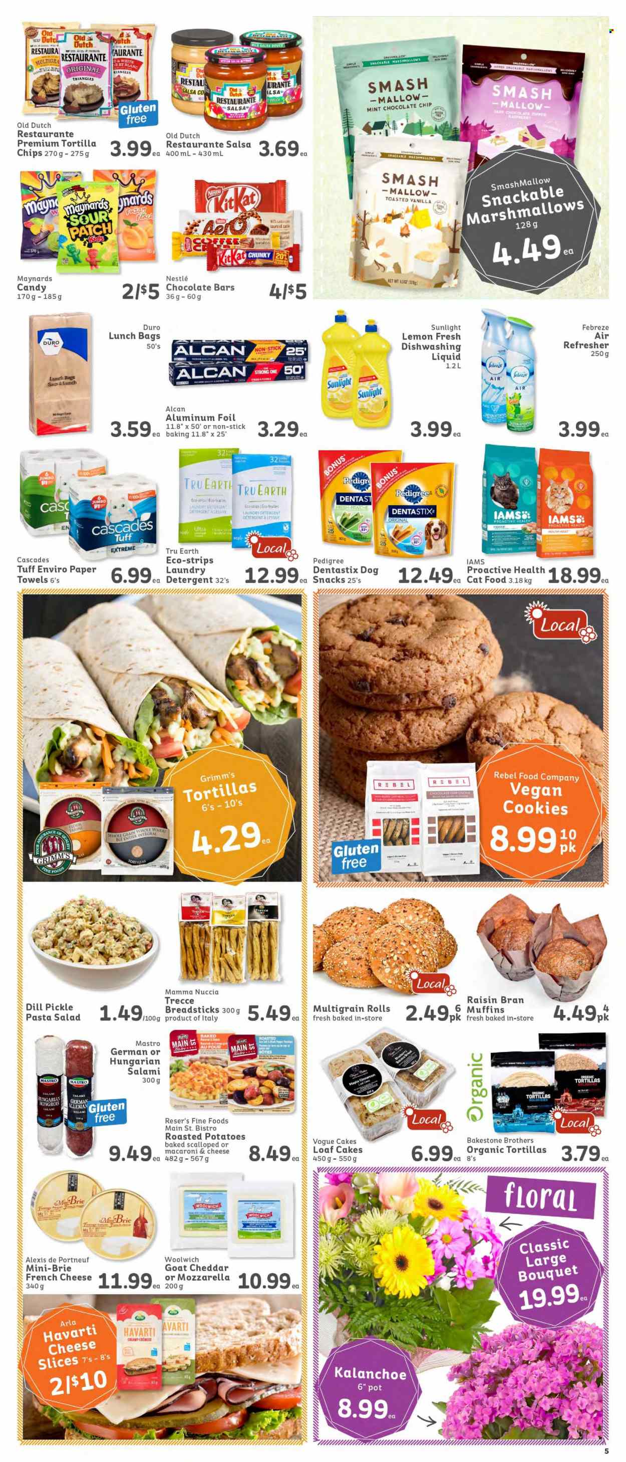 thumbnail - IGA Simple Goodness Flyer - January 07, 2022 - January 13, 2022 - Sales products - tortillas, cake, muffin, potatoes, salad, macaroni & cheese, pasta, salami, pasta salad, sliced cheese, Havarti, brie, Arla, strips, cookies, marshmallows, snack, KitKat, sour patch, chocolate bar, bread sticks, dill pickle, Raisin Bran, dill, cinnamon, salsa, BROTHERS, Nestlé, mozzarella, chips. Page 5.