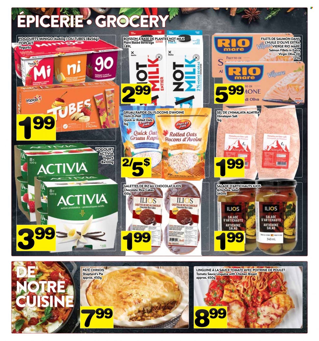thumbnail - PA Supermarché Flyer - January 10, 2022 - January 16, 2022 - Sales products - pie, artichoke, salad, salmon, salmon fillet, sauce, yoghurt, Activia, Yoplait, milk, chocolate, oats, salt, tomato sauce, rolled oats, rice, extra virgin olive oil, oil, chicken breasts, chicken. Page 7.