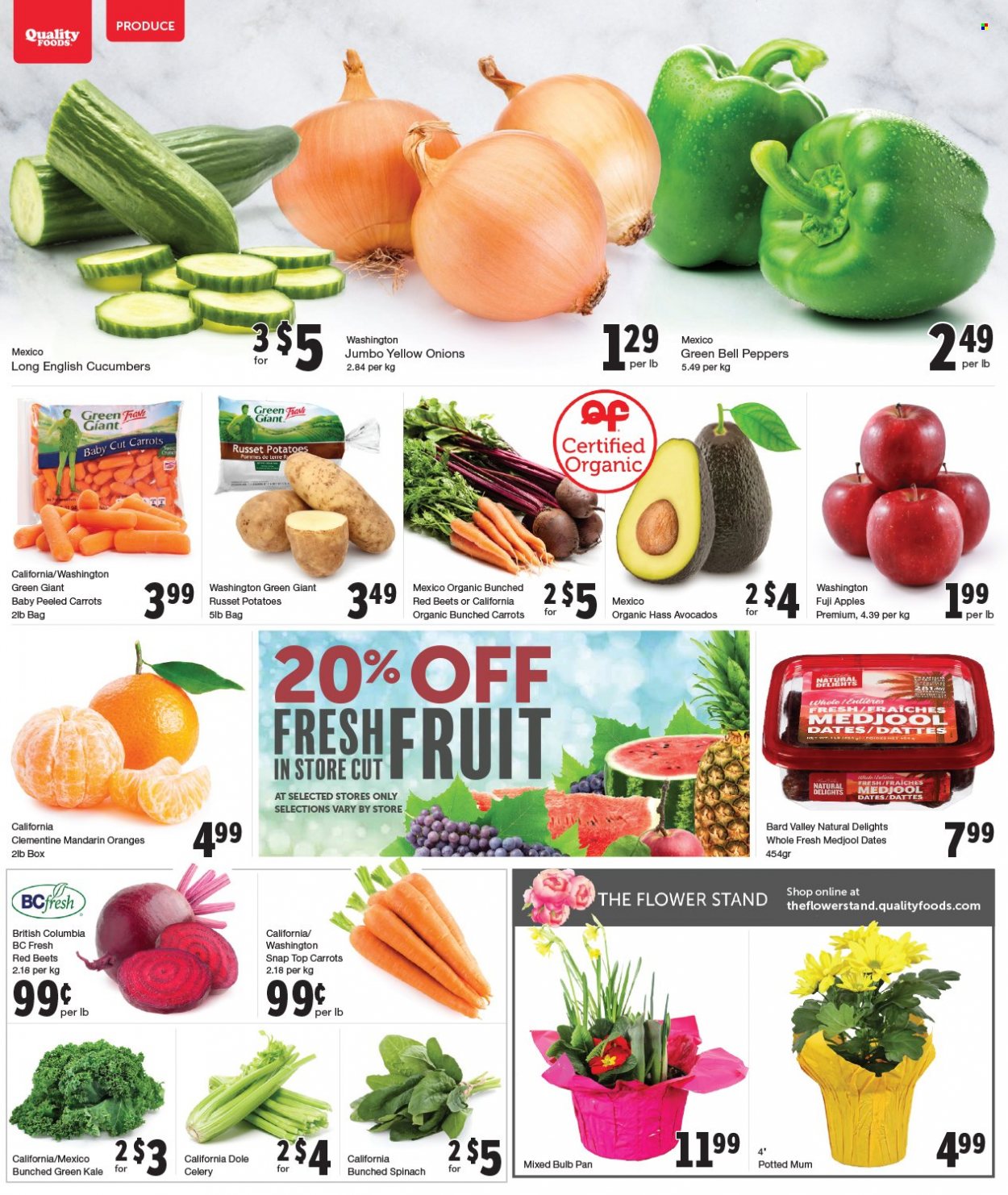 thumbnail - Quality Foods Flyer - January 10, 2022 - January 16, 2022 - Sales products - bell peppers, carrots, celery, cucumber, russet potatoes, spinach, kale, potatoes, onion, Dole, apples, avocado, mandarines, Fuji apple, fresh dates, Mum, pan, bulb, oranges. Page 2.
