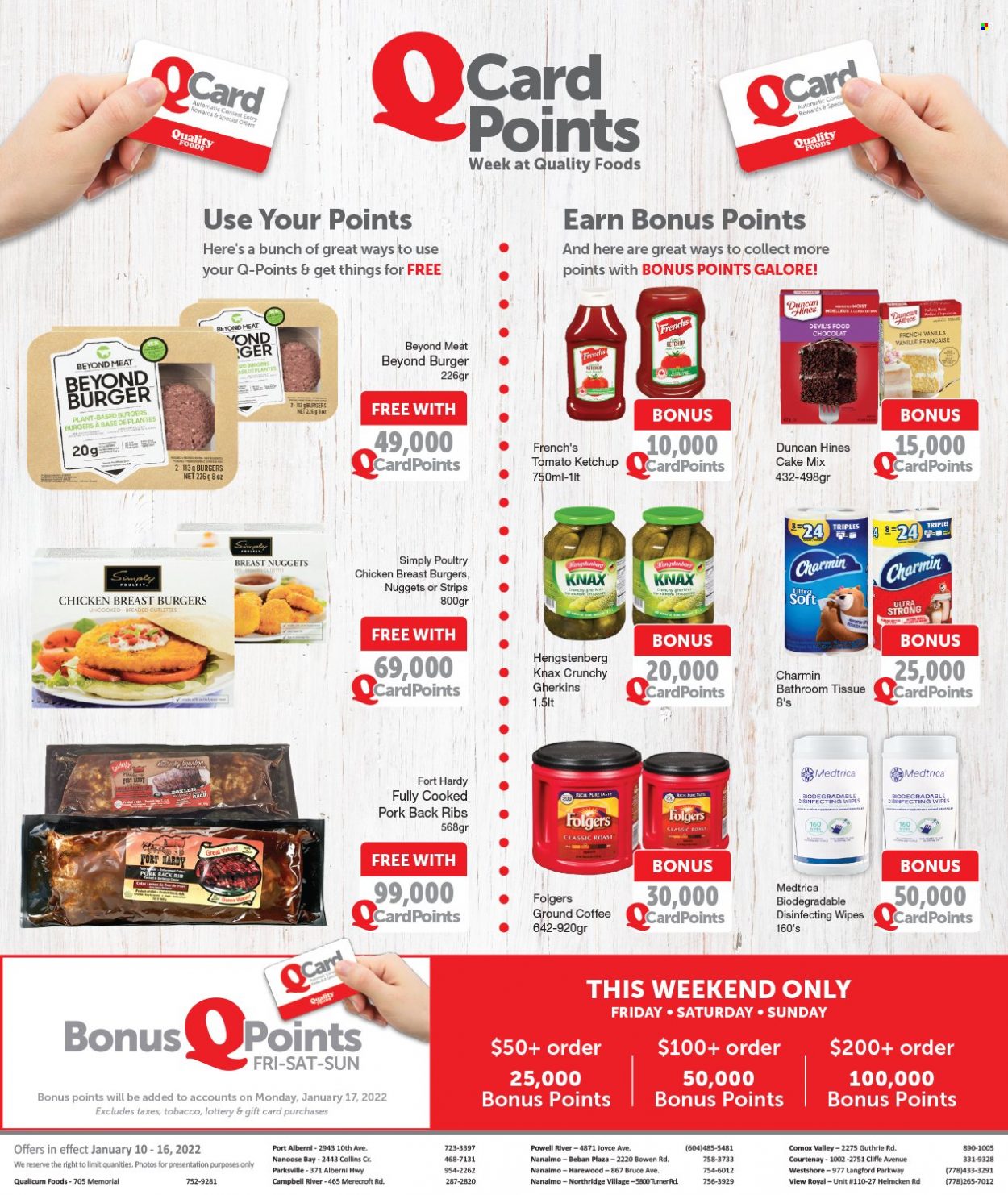 thumbnail - Quality Foods Flyer - January 10, 2022 - January 16, 2022 - Sales products - cake mix, nuggets, hamburger, strips, coffee, Folgers, ground coffee, chicken, pork meat, pork ribs, pork back ribs, wipes, bath tissue, Charmin, ketchup. Page 7.