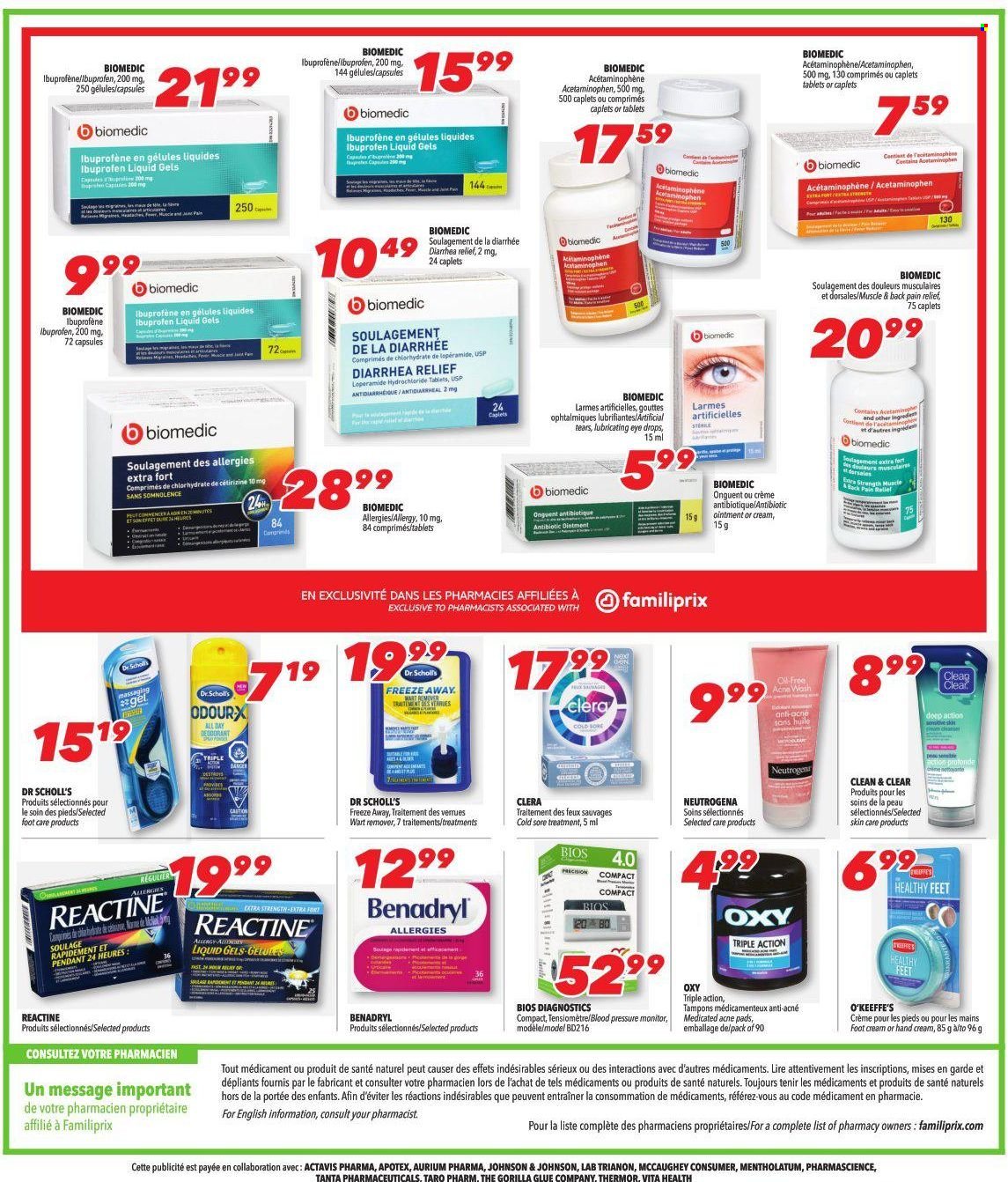 thumbnail - Familiprix Extra Flyer - January 13, 2022 - January 19, 2022 - Sales products - Johnson's, acne pad, tampons, Clean & Clear, hand cream, foot care, pressure monitor, pain relief, Ibuprofen, eye drops, Dr. Scholl's, Neutrogena. Page 5.