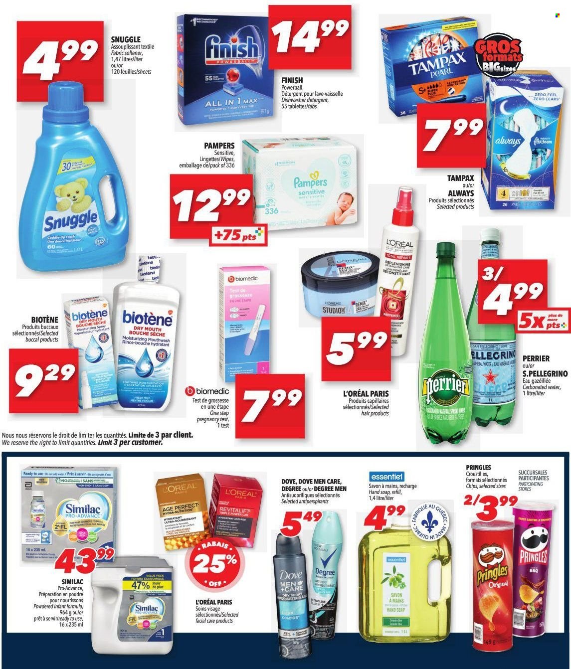 thumbnail - Familiprix Extra Flyer - January 13, 2022 - January 19, 2022 - Sales products - Pringles, Perrier, San Pellegrino, wipes, Snuggle, fabric softener, Finish Powerball, hand soap, soap, Biotene, mouthwash, L’Oréal, pregnancy test, detergent, Dove, Tampax, Pampers, chips. Page 10.