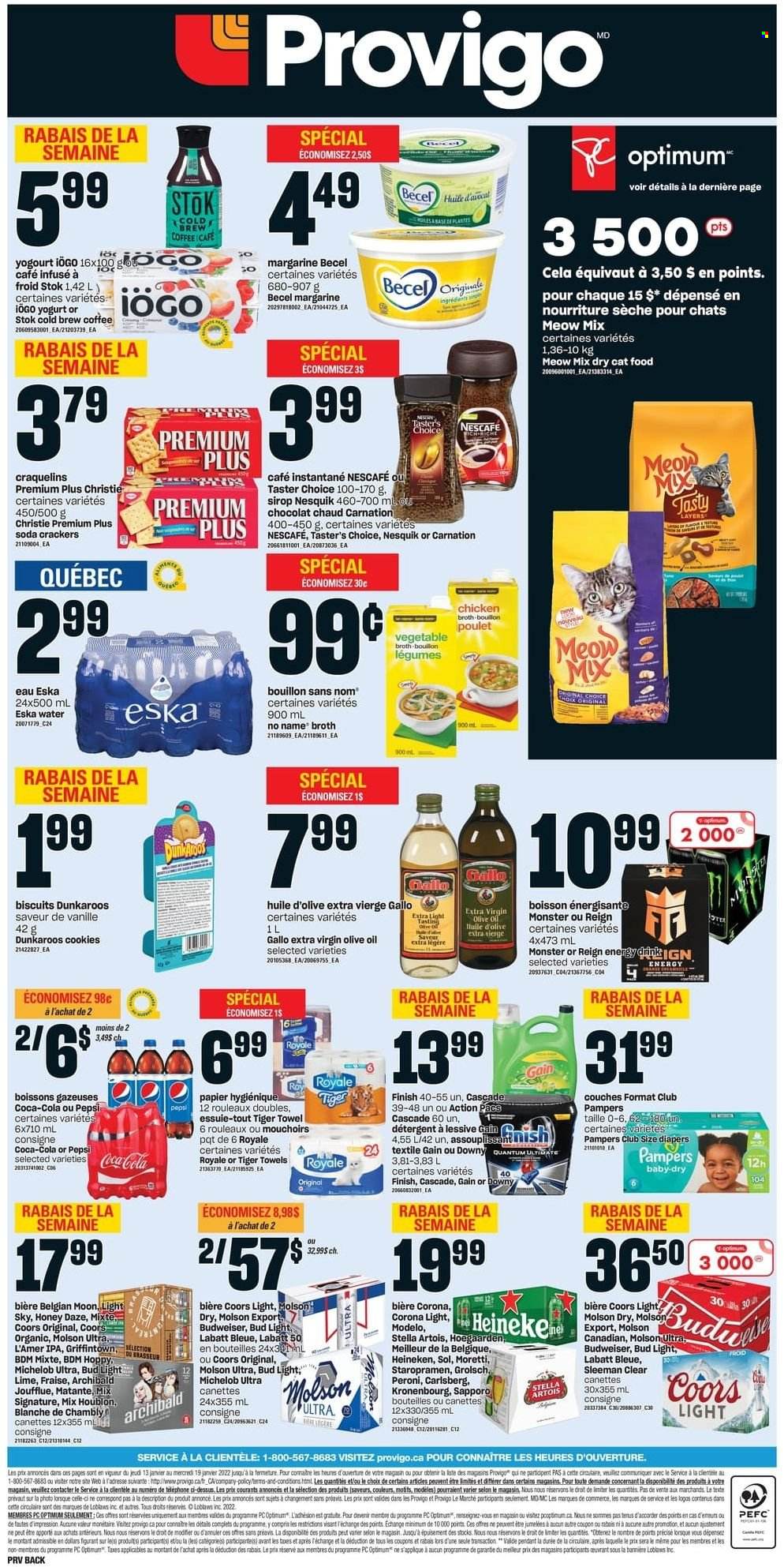 thumbnail - Provigo Flyer - January 13, 2022 - January 19, 2022 - Sales products - No Name, yoghurt, margarine, cookies, crackers, biscuit, bouillon, chicken broth, broth, extra virgin olive oil, olive oil, oil, honey, Coca-Cola, Pepsi, energy drink, Monster, soda, coffee, beer, Bud Light, Corona Extra, Heineken, Carlsberg, Peroni, Sol, Grolsch, IPA, Modelo, nappies, Gain, Cascade, Downy Laundry, Nesquik, Budweiser, detergent, Stella Artois, Pampers, Nescafé, Coors, Michelob. Page 2.