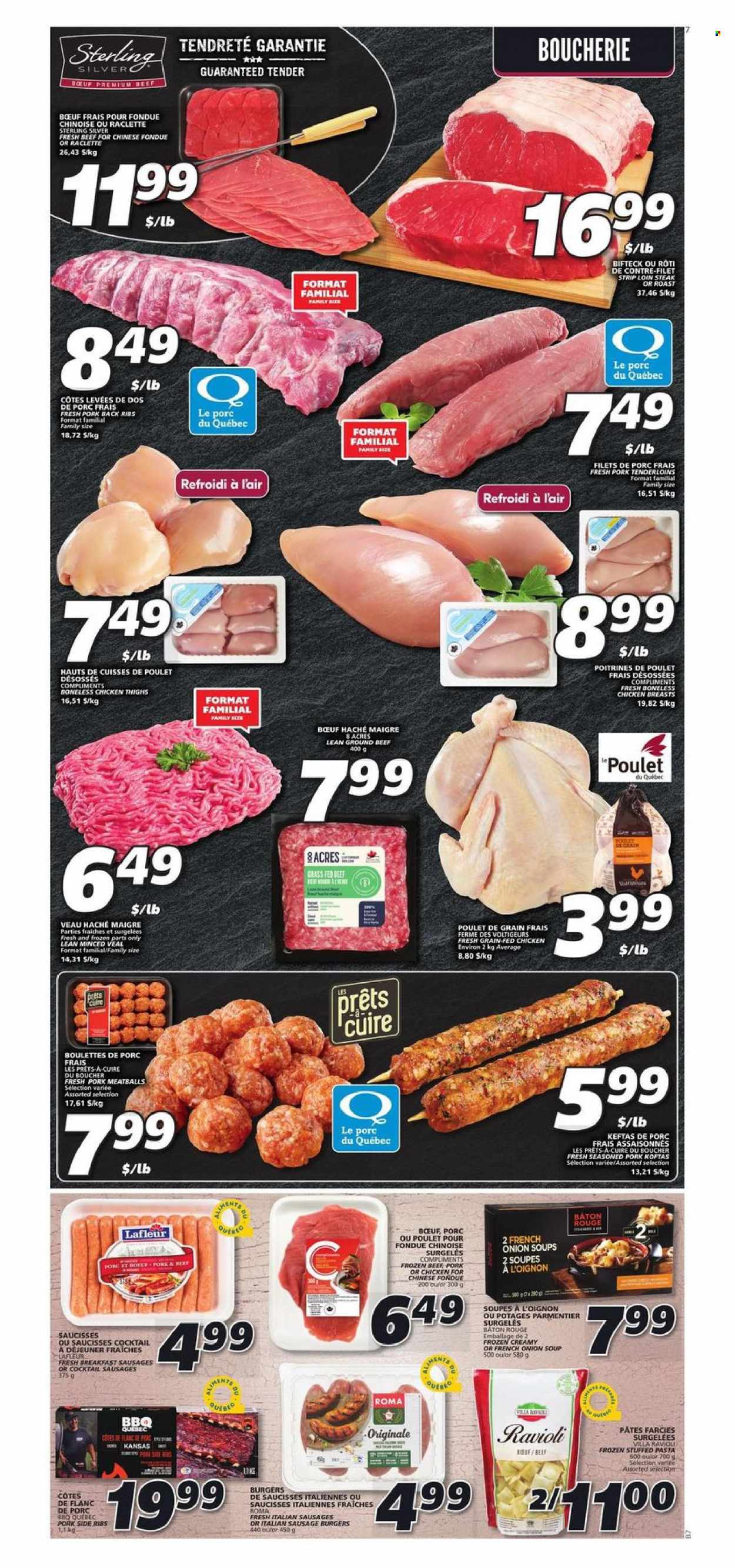 thumbnail - IGA Flyer - January 13, 2022 - January 19, 2022 - Sales products - ravioli, onion soup, meatballs, soup, hamburger, pasta, sausage, italian sausage, raclette cheese, chicken thighs, chicken, beef meat, ground beef, pork meat, pork ribs, pork tenderloin, pork back ribs, steak. Page 4.