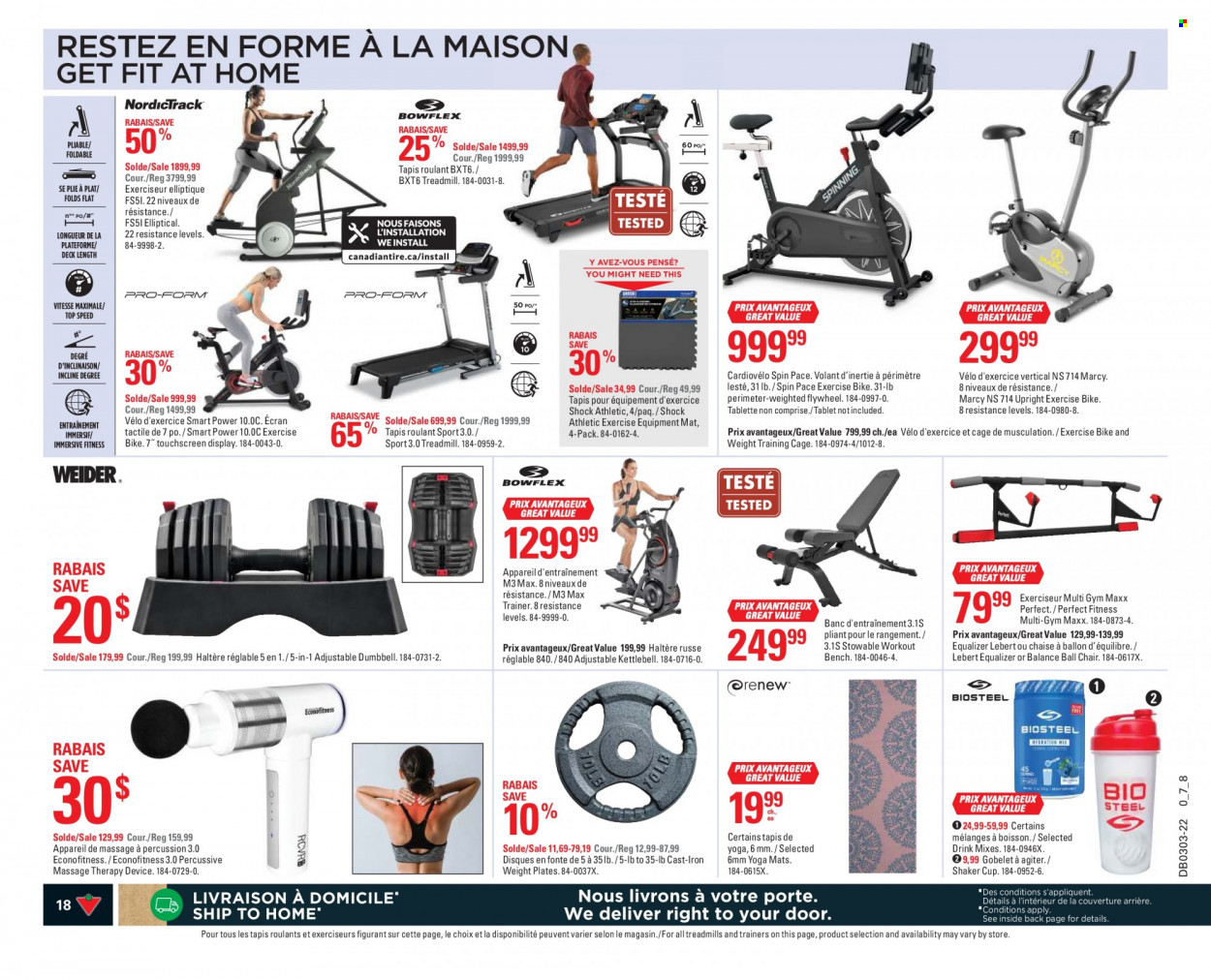 thumbnail - Canadian Tire Flyer - January 13, 2022 - January 19, 2022 - Sales products - plate, shaker, cup, percussion instrument, cage, iron, chair, bench, ball chair, trainers, treadmill, kettlebell, dumbbell, yoga mat. Page 18.