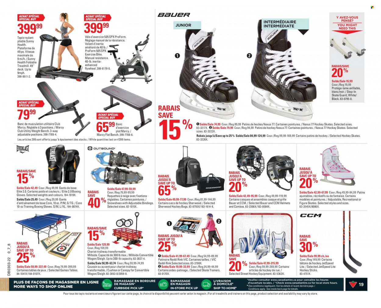 thumbnail - Canadian Tire Flyer - January 13, 2022 - January 19, 2022 - Sales products - bag, gloves, cushion, table, bench, trainers, treadmill, ProForm, weights set, boxing bag gloves, hockey skates, skates, wagon. Page 19.