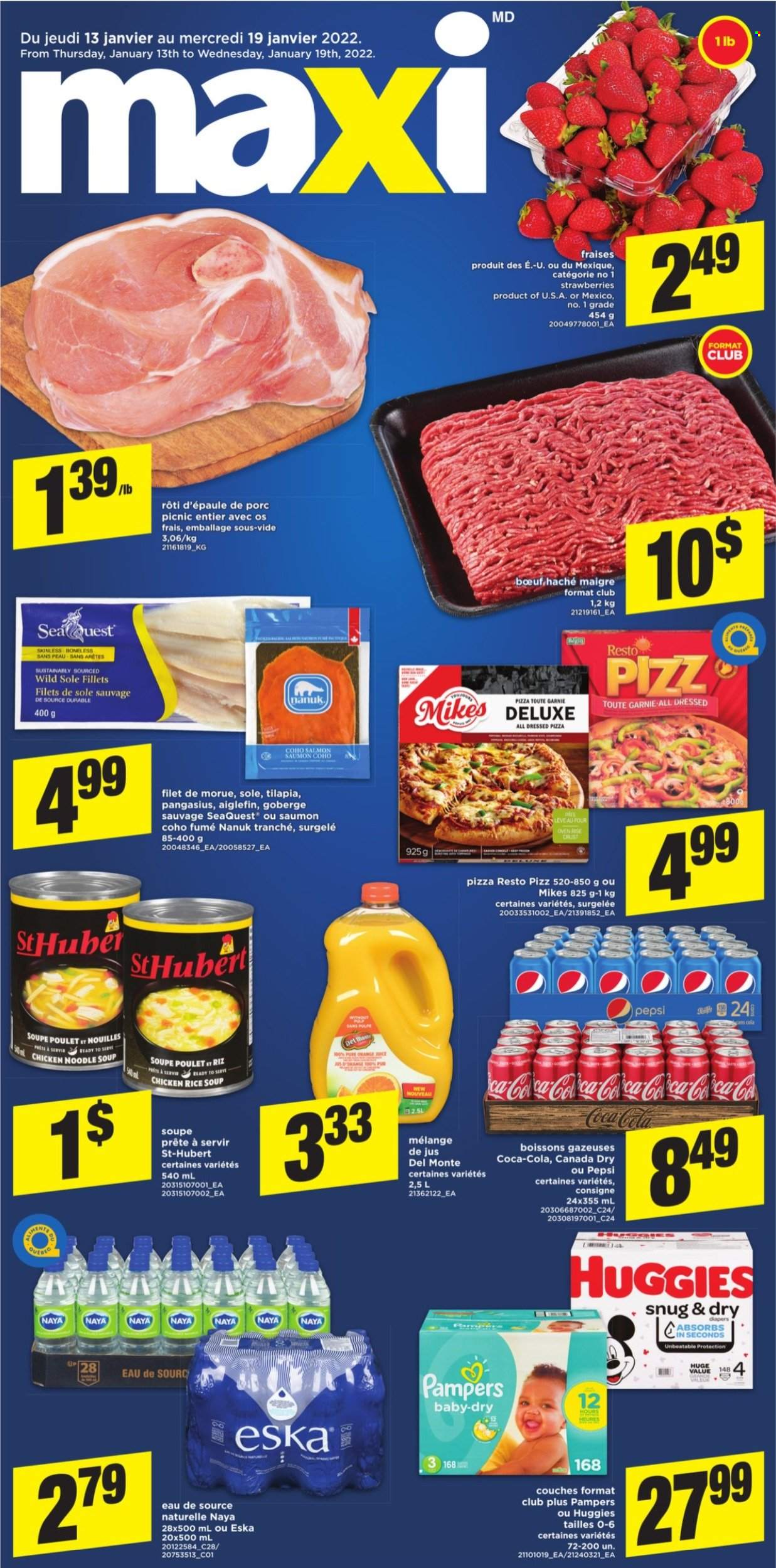 thumbnail - Maxi Flyer - January 13, 2022 - January 19, 2022 - Sales products - strawberries, salmon, tilapia, pangasius, pizza, soup, noodles cup, noodles, Canada Dry, Coca-Cola, Pepsi, Huggies, Pampers, oranges. Page 1.