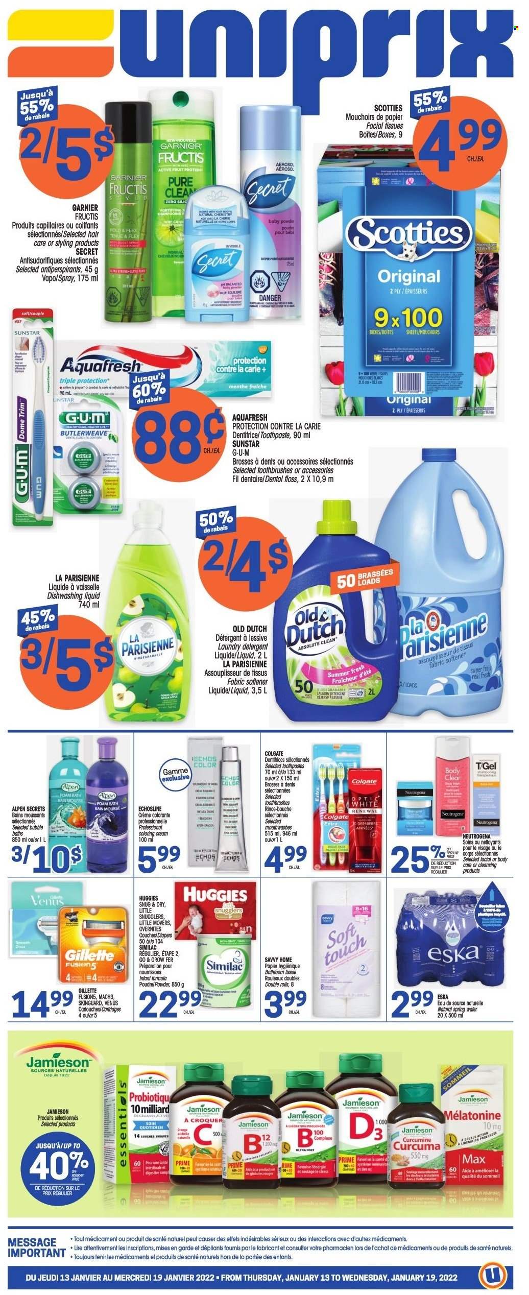 thumbnail - Uniprix Flyer - January 13, 2022 - January 19, 2022 - Sales products - Digestive, spring water, nappies, baby powder, bath tissue, fabric softener, laundry detergent, dishwashing liquid, bath foam, toothpaste, facial tissues, Fructis, Absolute, Venus, detergent, Colgate, Garnier, Gillette, Neutrogena, Huggies. Page 1.