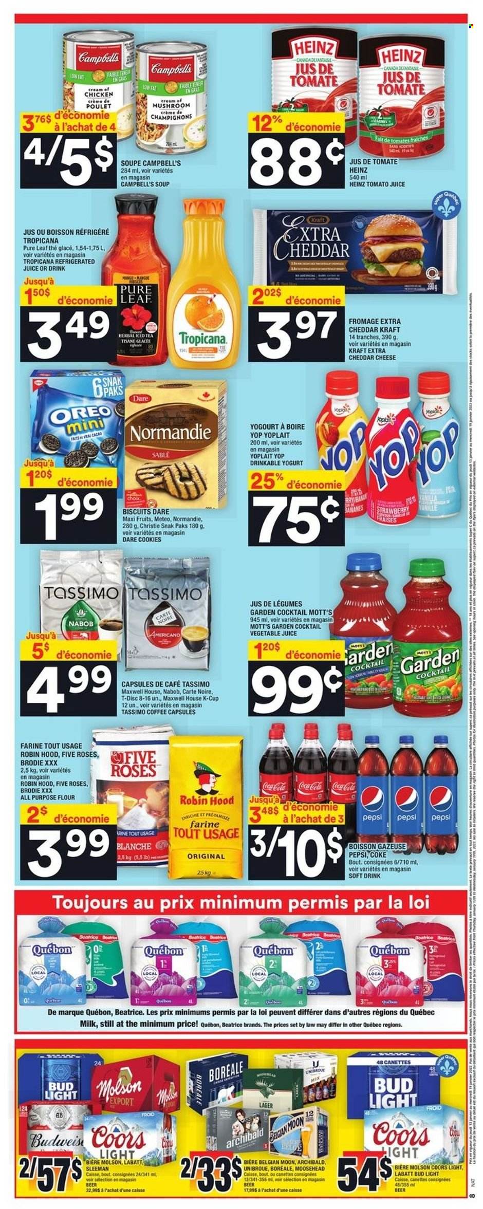 thumbnail - Super C Flyer - January 13, 2022 - January 19, 2022 - Sales products - Mott's, Campbell's, soup, Kraft®, cheddar, cheese, yoghurt, Yoplait, milk, cookies, biscuit, all purpose flour, flour, Coca-Cola, tomato juice, Pepsi, juice, soft drink, vegetable juice, Maxwell House, Pure Leaf, coffee, coffee capsules, K-Cups, beer, Bud Light, Lager, XTRA, Oreo, Heinz, Coors. Page 2.