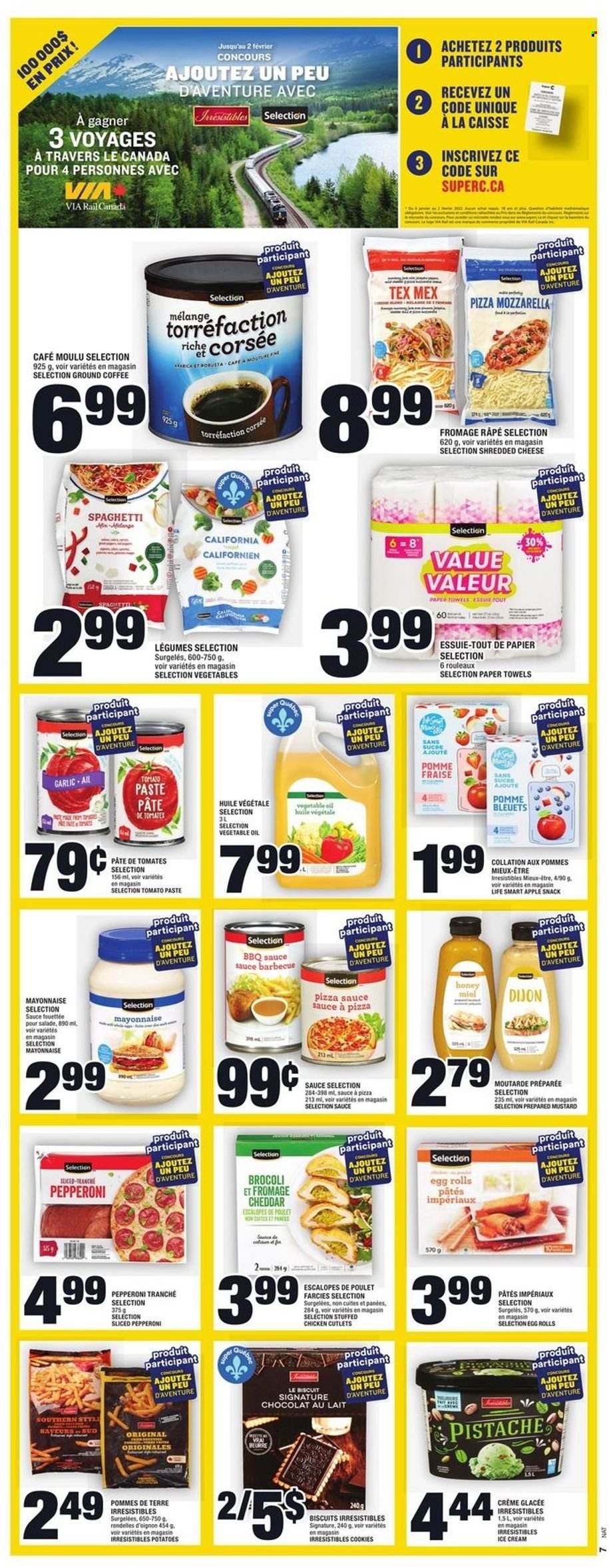 thumbnail - Super C Flyer - January 13, 2022 - January 19, 2022 - Sales products - garlic, potatoes, spaghetti, sauce, egg rolls, stuffed chicken, pepperoni, shredded cheese, cheddar, mayonnaise, ice cream, cookies, snack, biscuit, tomato paste, BBQ sauce, mustard, vegetable oil, oil, honey, coffee, ground coffee, chicken breasts, chicken cutlets, chicken, kitchen towels, paper towels. Page 8.