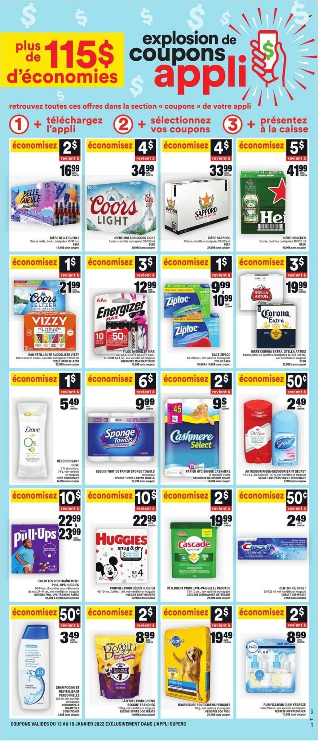 thumbnail - Super C Flyer - January 13, 2022 - January 19, 2022 - Sales products - strips, spice, Hard Seltzer, beer, Corona Extra, Heineken, pants, nappies, baby pants, bath tissue, kitchen towels, paper towels, Febreze, Cascade, toothpaste, Crest, conditioner, anti-perspirant, bag, Ziploc, detergent, Dove, Energizer, shampoo, Stella Artois, Huggies, Old Spice, Coors, deodorant. Page 11.