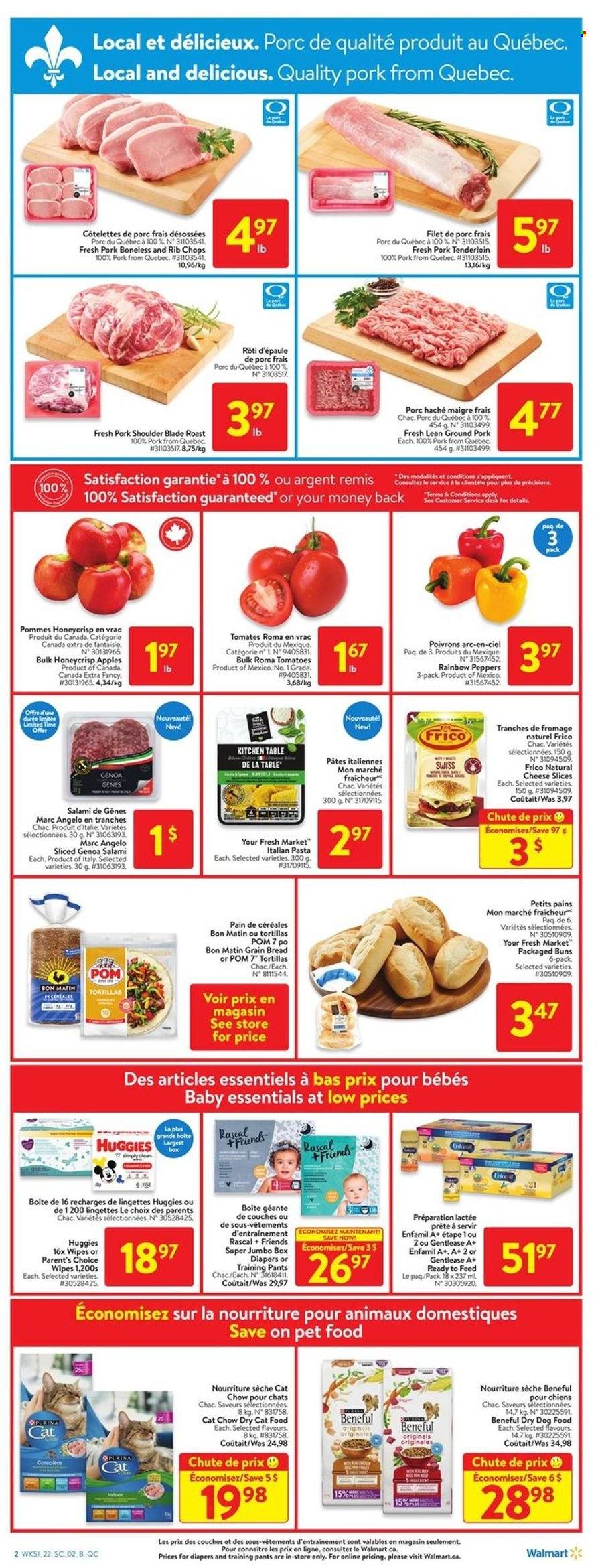 thumbnail - Walmart Flyer - January 13, 2022 - January 19, 2022 - Sales products - bread, tortillas, buns, tomatoes, peppers, apples, pasta, salami, sliced cheese, cheese, Enfamil, ground pork, pork meat, pork shoulder, pork tenderloin, rib chops, wipes, pants, nappies, baby pants, animal food, cat food, dog food, Purina, dry dog food, dry cat food, table, kitchen table, desk, Huggies. Page 2.
