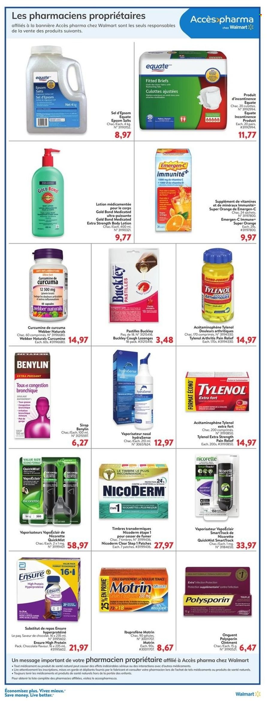 thumbnail - Walmart Flyer - January 13, 2022 - January 19, 2022 - Sales products - chocolate, pastilles, ointment, body lotion, briefs, pain relief, NicoDerm, Nicorette, Tylenol, Emergen-C, Benylin, Motrin, oranges. Page 12.