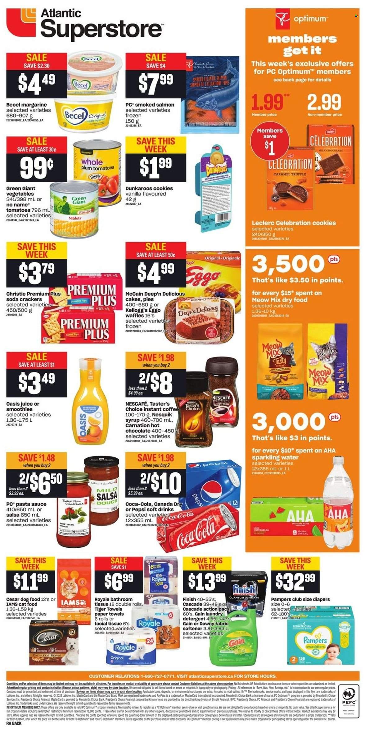 thumbnail - Atlantic Superstore Flyer - January 13, 2022 - January 19, 2022 - Sales products - cake, waffles, tomatoes, smoked salmon, No Name, pasta sauce, sauce, Président, margarine, McCain, cookies, milk chocolate, truffles, crackers, Kellogg's, salsa, syrup, Canada Dry, Coca-Cola, Pepsi, juice, soft drink, soda, sparkling water, hot chocolate, instant coffee, nappies, bath tissue, kitchen towels, paper towels, Gain, fabric softener, laundry detergent, Cascade, Downy Laundry, animal food, cat food, dog food, Optimum, Meow Mix, Iams, Nesquik, detergent, Pampers, Nescafé. Page 2.