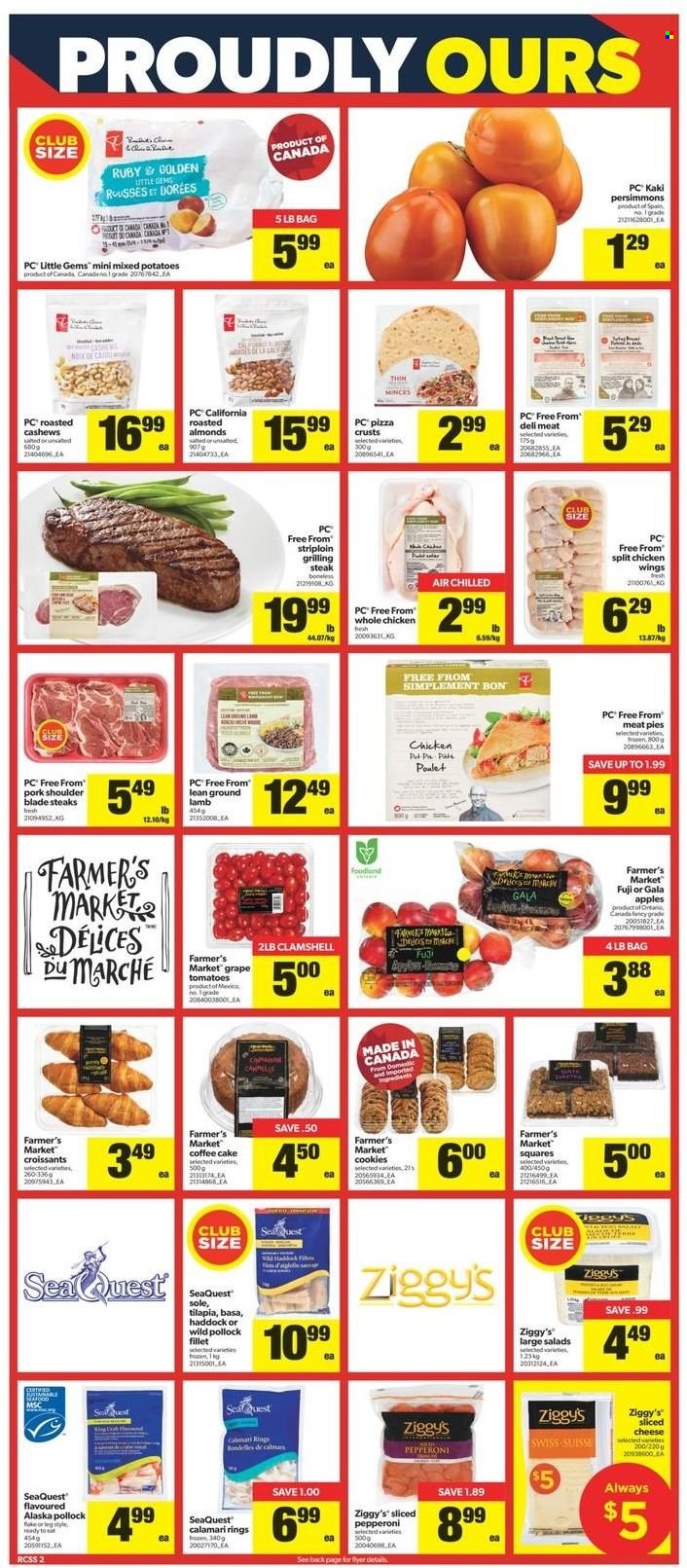 thumbnail - Real Canadian Superstore Flyer - January 13, 2022 - January 19, 2022 - Sales products - cake, croissant, coffee cake, potatoes, apples, Gala, persimmons, calamari, tilapia, haddock, pollock, seafood, pizza, pepperoni, sliced cheese, chicken wings, cookies, almonds, cashews, whole chicken, chicken, ground pork, pork meat, pork shoulder, steak. Page 2.