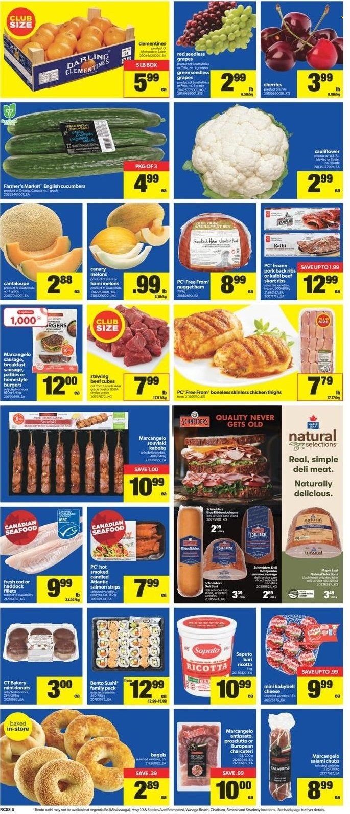 thumbnail - Real Canadian Superstore Flyer - January 13, 2022 - January 19, 2022 - Sales products - bagels, Blue Ribbon, donut, cantaloupe, cauliflower, cucumber, clementines, grapes, seedless grapes, cherries, melons, cod, salmon, haddock, seafood, hamburger, salami, ham, prosciutto, bologna sausage, sausage, cheese, strips, chicken thighs, chicken, beef meat, stewing beef, pork meat, pork ribs, pork back ribs, ricotta. Page 6.