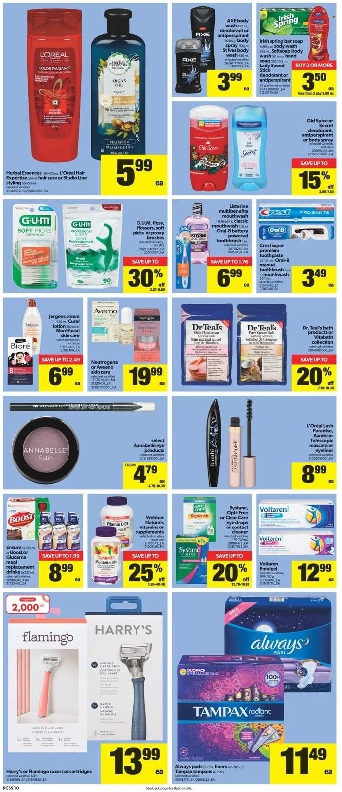 thumbnail - Real Canadian Superstore Flyer - January 13, 2022 - January 19, 2022 - Sales products - pomelo, salt, spice, Boost, Aveeno, cleaner, body wash, Softsoap, hand soap, soap bar, soap, toothbrush, toothpaste, mouthwash, Crest, Always pads, tampons, L’Oréal, Curél, Bioré®, Herbal Essences, body lotion, body spray, Jergens, anti-perspirant, Speed Stick, mascara, eyeliner, Clear Care, multivitamin, vitamin c, Glucerna, eye drops, argan oil, Listerine, Neutrogena, shampoo, Systane, Tampax, Old Spice, Oral-B, deodorant. Page 10.