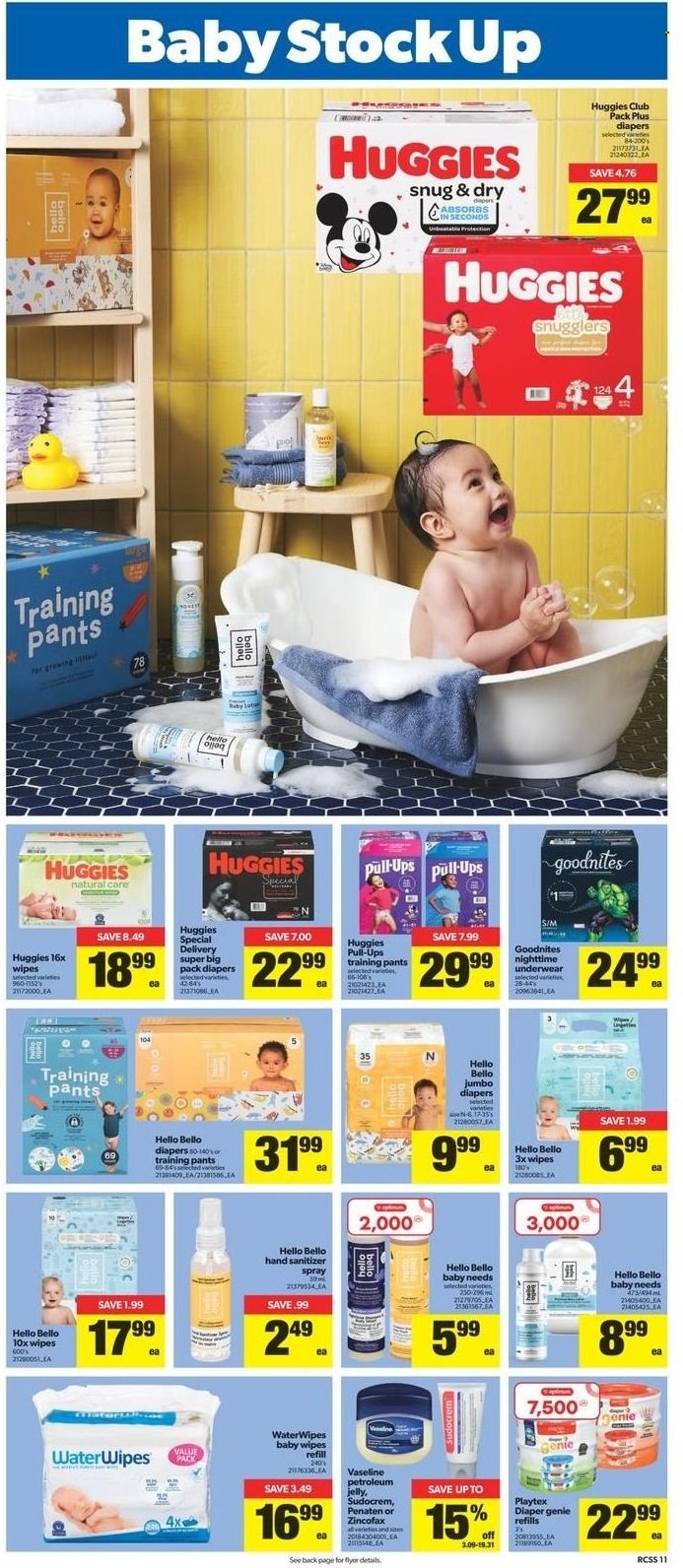 thumbnail - Real Canadian Superstore Flyer - January 13, 2022 - January 19, 2022 - Sales products - Bella, wipes, pants, baby wipes, nappies, baby pants, petroleum jelly, Vaseline, Playtex, hand sanitizer, Sudocrem, Huggies. Page 11.