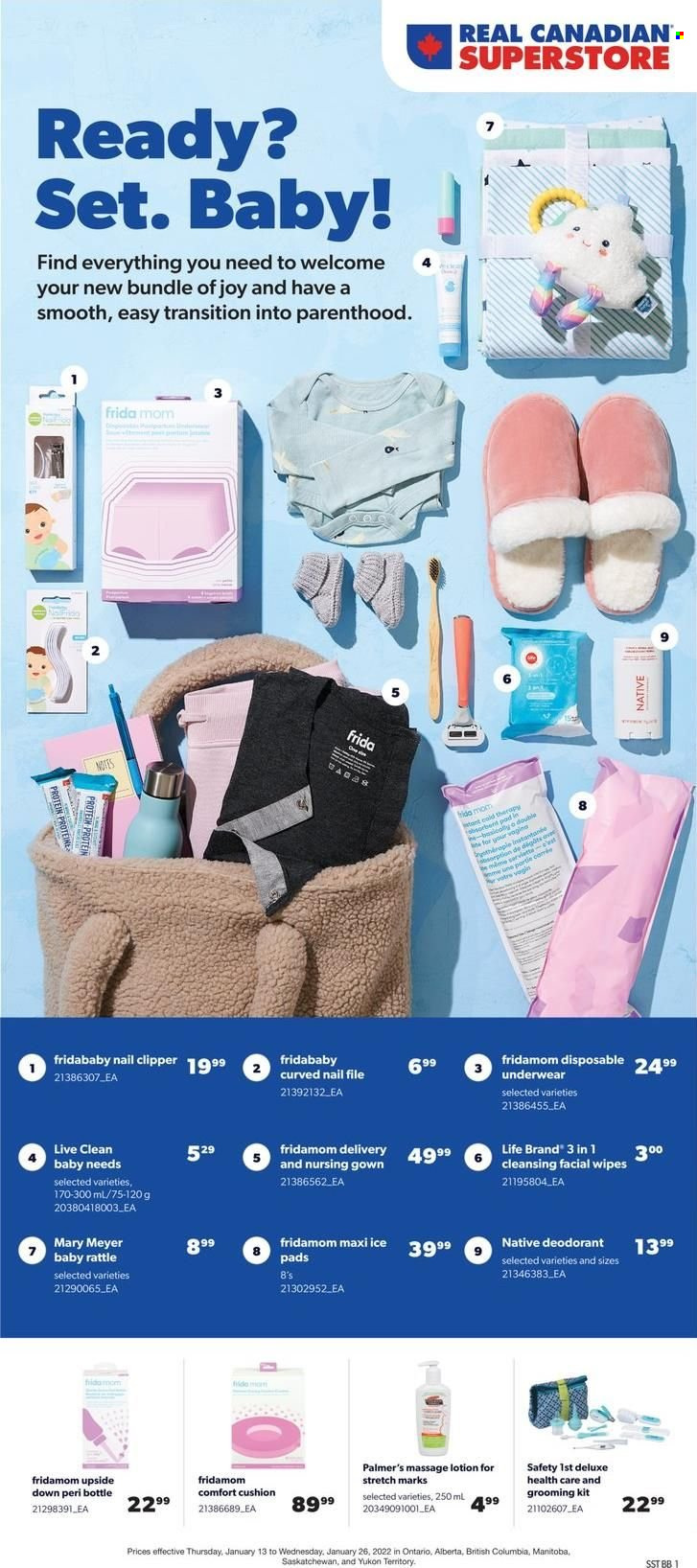 thumbnail - Real Canadian Superstore Flyer - January 13, 2022 - January 26, 2022 - Sales products - wipes, Joy, body lotion, anti-perspirant, clipper, cushion, rattle, deodorant. Page 1.