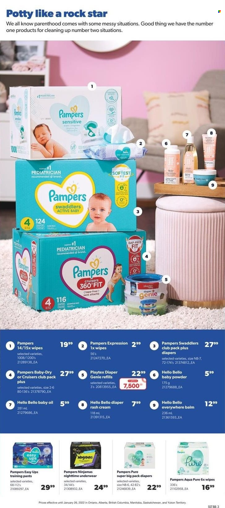 thumbnail - Real Canadian Superstore Flyer - January 13, 2022 - January 26, 2022 - Sales products - oil, wipes, pants, nappies, baby pants, baby powder, baby oil, Playtex, Pampers. Page 3.