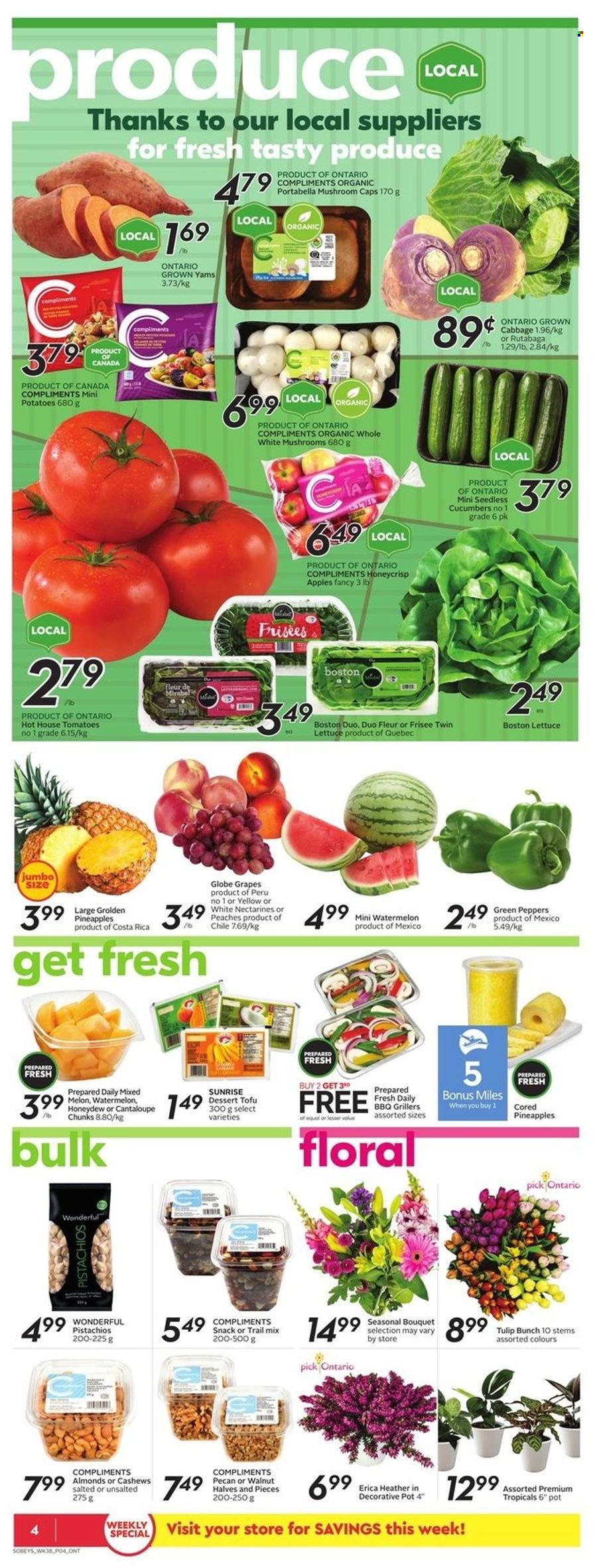 thumbnail - Sobeys Flyer - January 13, 2022 - January 19, 2022 - Sales products - mushrooms, cabbage, cucumber, tomatoes, potatoes, lettuce, peppers, apples, grapes, nectarines, watermelon, honeydew, pineapple, melons, peaches, tofu, snack, almonds, cashews, walnuts, pistachios, trail mix, rutabaga. Page 5.