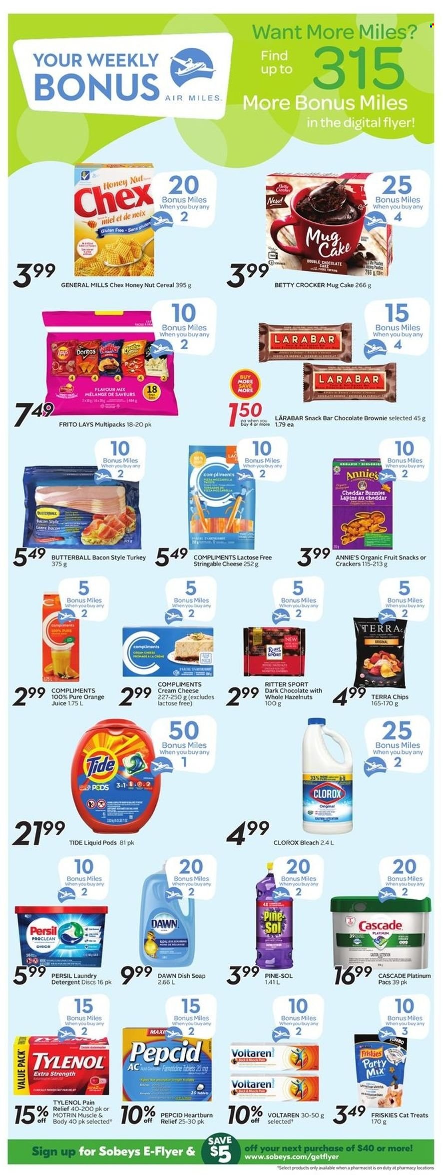 thumbnail - Sobeys Flyer - January 13, 2022 - January 19, 2022 - Sales products - cake, brownies, Annie's, bacon, Butterball, cream cheese, chocolate, crackers, dark chocolate, Ritter Sport, fruit snack, snack bar, Lay’s, cereals, hazelnuts, juice, bleach, Clorox, Pine-Sol, Tide, Persil, laundry detergent, Cascade, soap, Friskies, pain relief, Tylenol, Pepcid, Motrin, detergent, chips, oranges. Page 14.