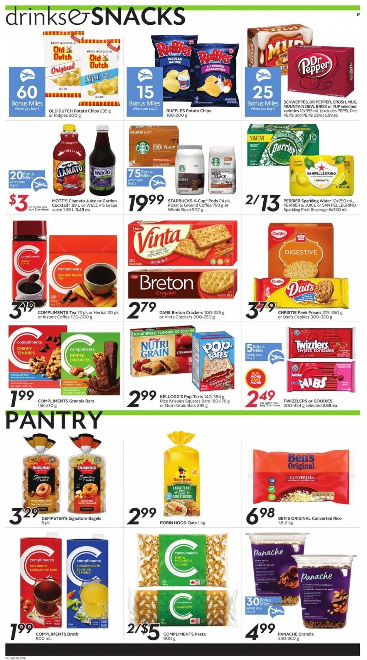 thumbnail - Sobeys Urban Fresh Flyer - January 13, 2022 - January 19, 2022 - Sales products - bagels, Welch's, Mott's, spaghetti, macaroni, pasta, cheese, cookies, chocolate, snack, crackers, Kellogg's, dark chocolate, Digestive, Pop-Tarts, potato chips, Ruffles, beef broth, bouillon, chicken broth, oats, broth, granola bar, Rice Krispies, Nutri-Grain, Mountain Dew, Schweppes, Pepsi, juice, Dr. Pepper, Diet Pepsi, Clamato, 7UP, Perrier, sparkling water, San Pellegrino, tea, instant coffee, ground coffee, coffee capsules, Starbucks, K-Cups, pet bed, chips, oranges. Page 6.