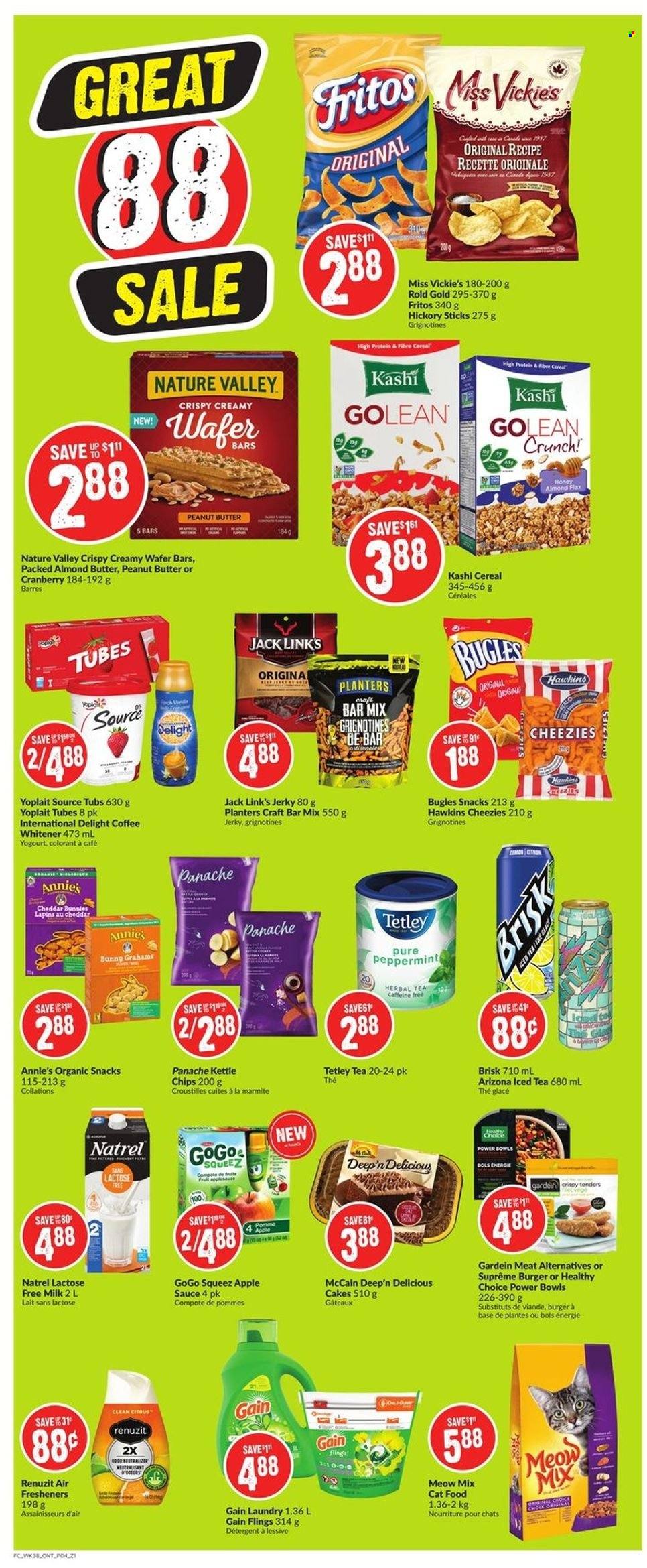 thumbnail - FreshCo. Flyer - January 13, 2022 - January 19, 2022 - Sales products - cake, hamburger, sauce, Healthy Choice, Annie's, jerky, cheese, Yoplait, milk, lactose free milk, almond butter, McCain, wafers, snack, Fritos, Jack Link's, compote, cereals, Nature Valley, apple sauce, peanut butter, Planters, ice tea, AriZona, herbal tea, coffee, detergent, chips. Page 4.